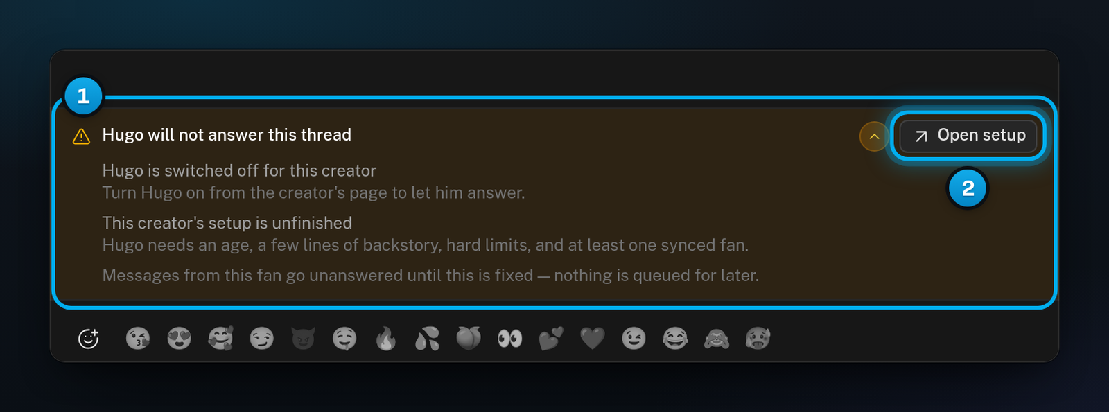 A yellow warning above the message box that says Hugo will not answer this thread, lists two causes and has an Open setup button