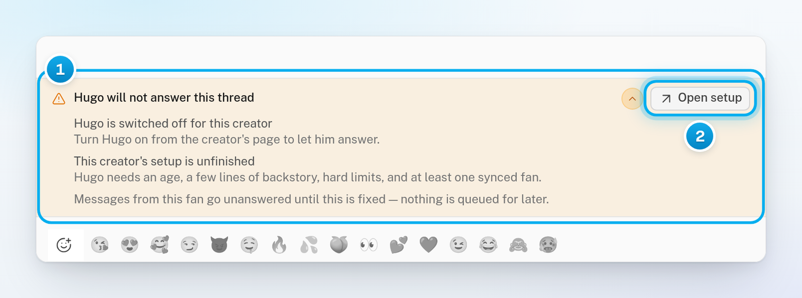 A yellow warning above the message box that says Hugo will not answer this thread, lists two causes and has an Open setup button
