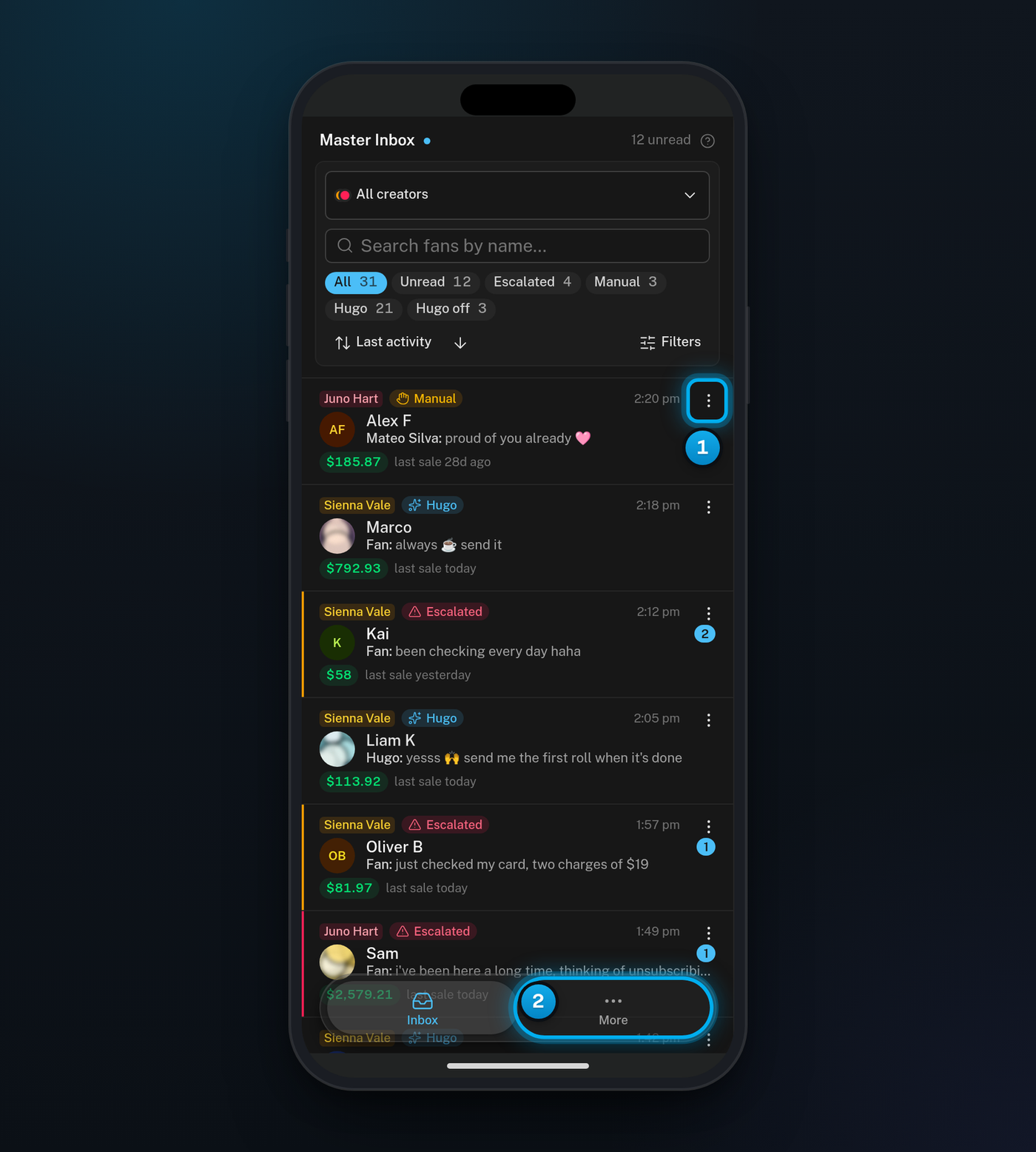 The Inbox on a phone, with the conversation list, the three dots on a conversation and the More tab in the bar at the bottom