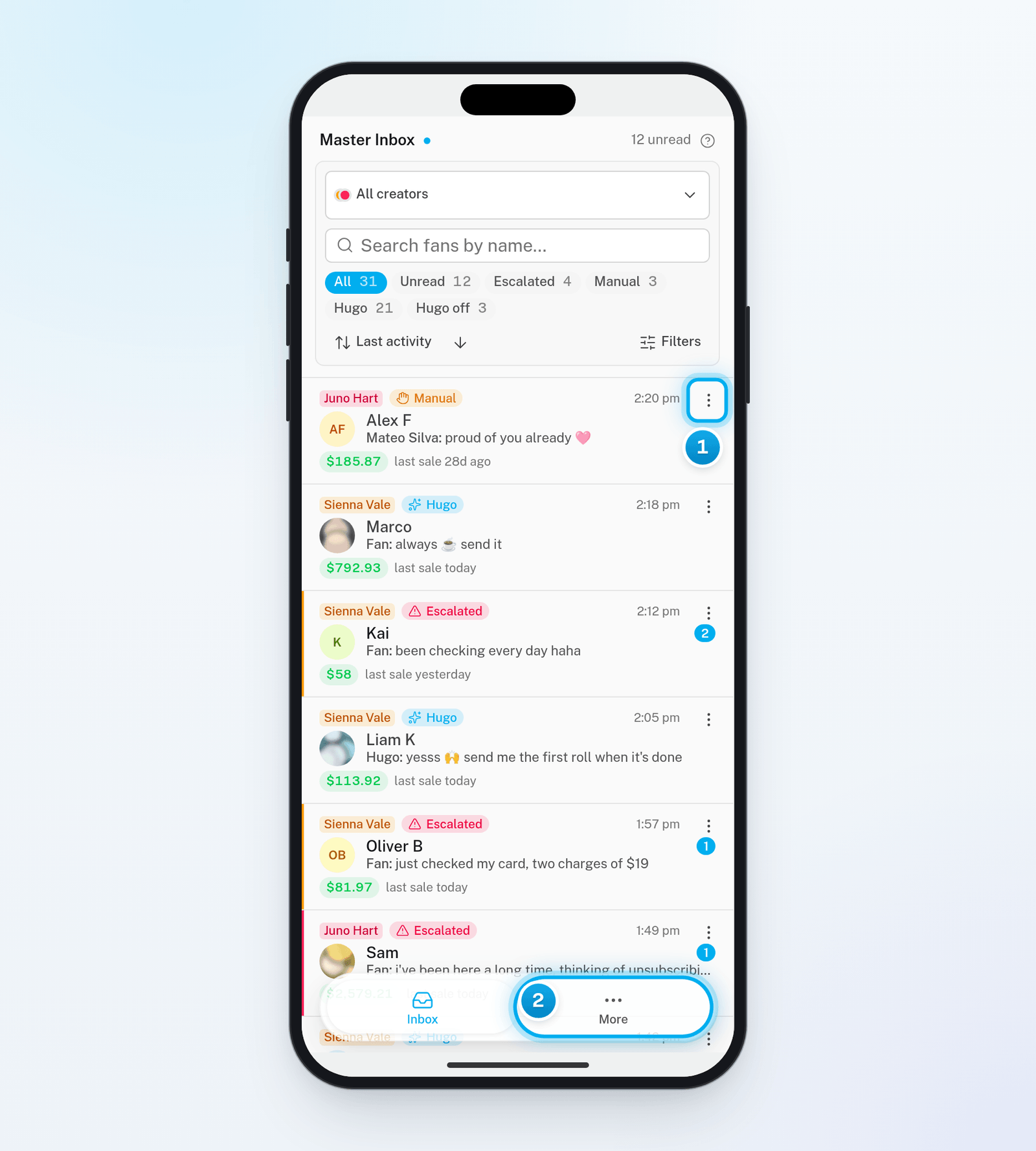 The Inbox on a phone, with the conversation list, the three dots on a conversation and the More tab in the bar at the bottom