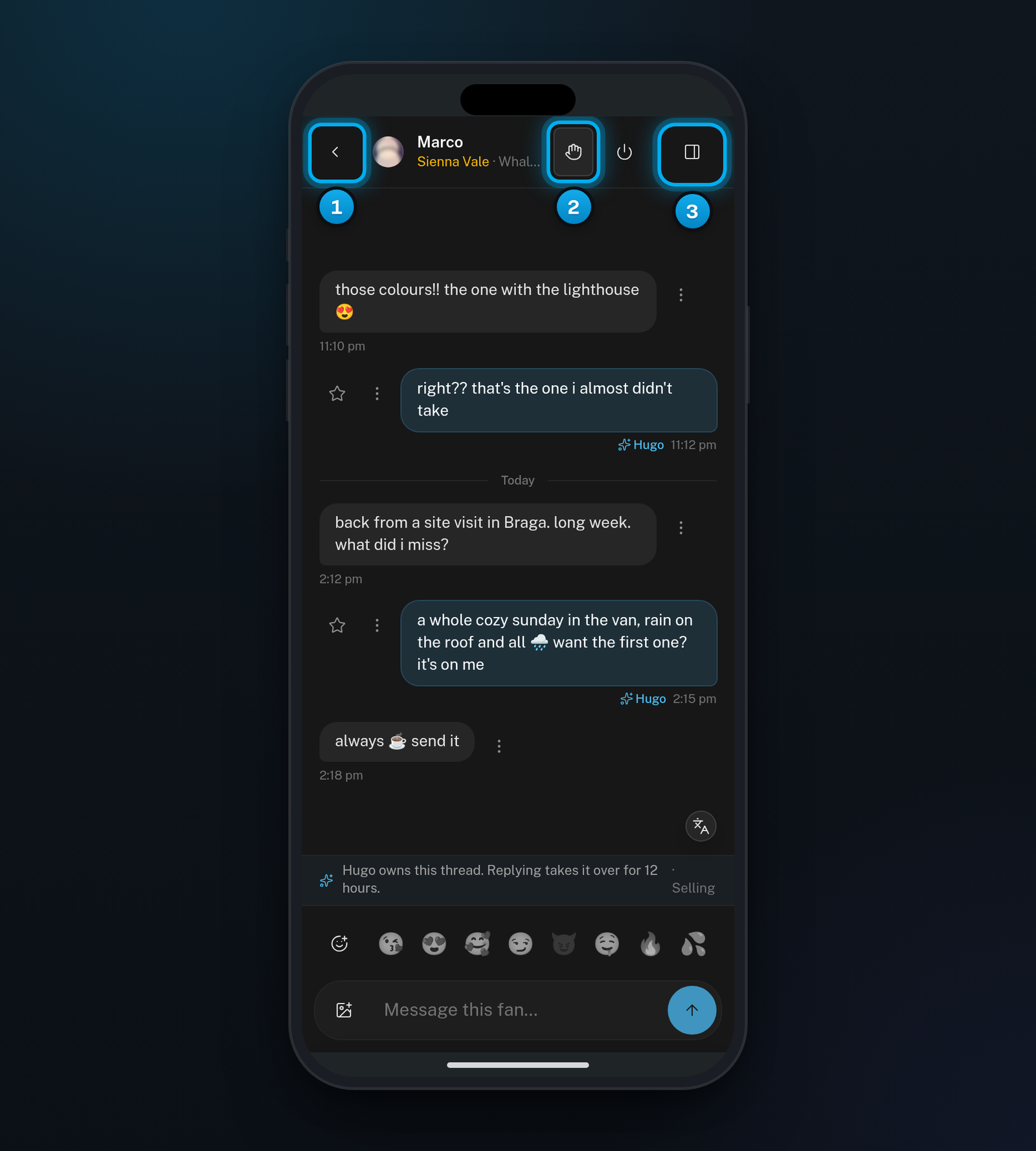 A conversation on a phone, with the back arrow, the hand icon for Claim and the fan panel icon at the top, and the message box at the bottom
