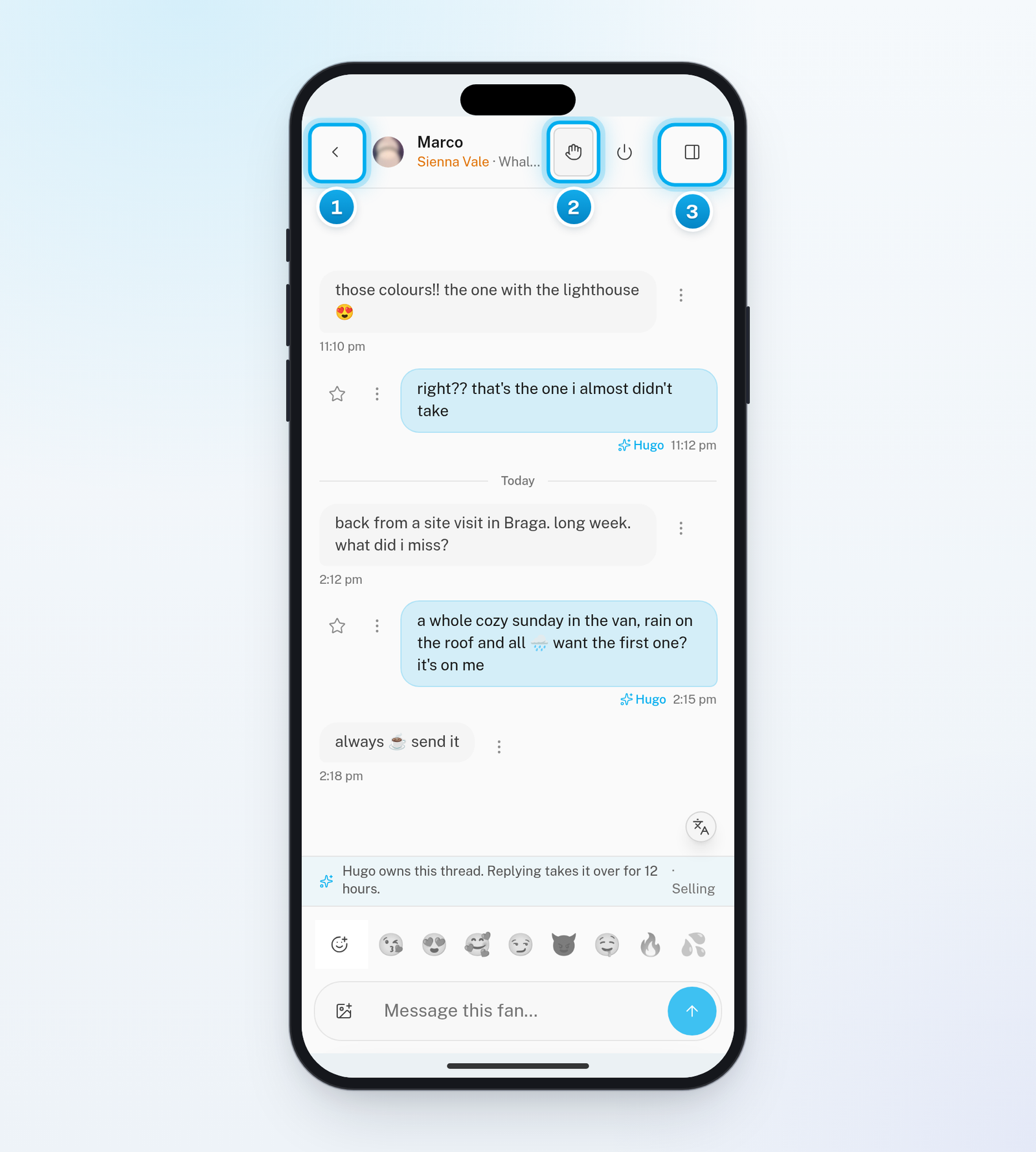 A conversation on a phone, with the back arrow, the hand icon for Claim and the fan panel icon at the top, and the message box at the bottom