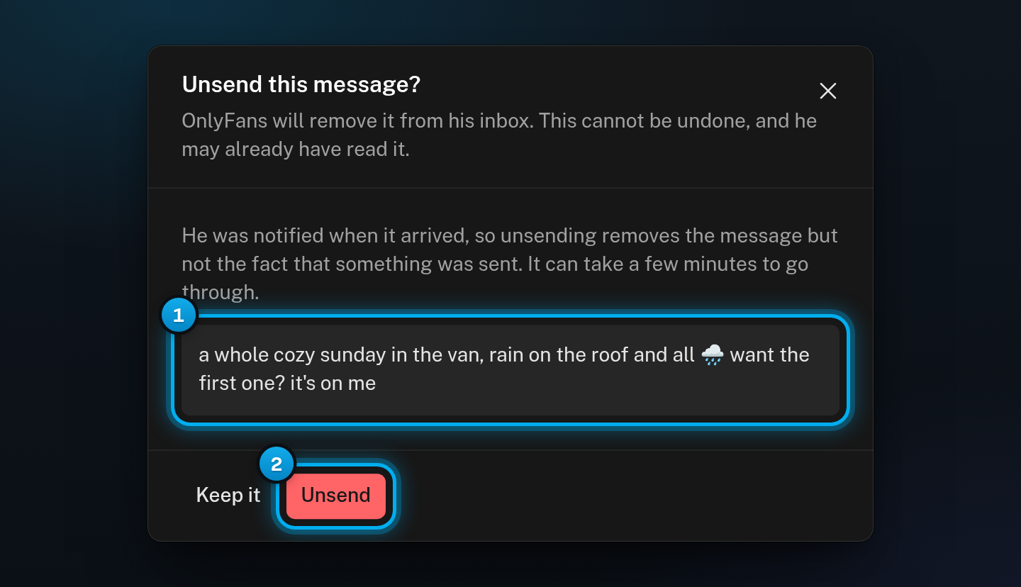 The Unsend this message? window with the message it will remove, and the Keep it and Unsend buttons