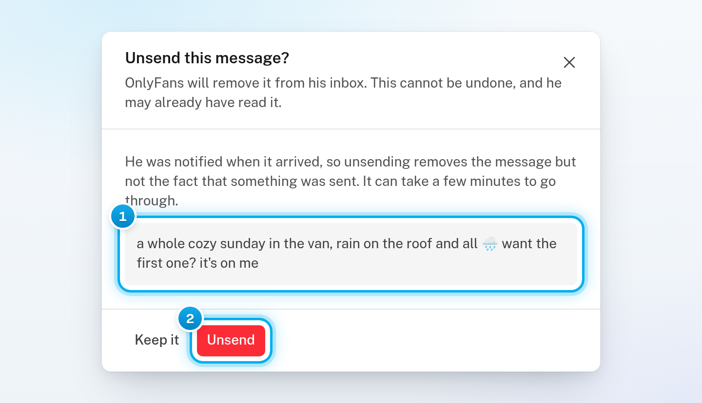 The Unsend this message? window with the message it will remove, and the Keep it and Unsend buttons