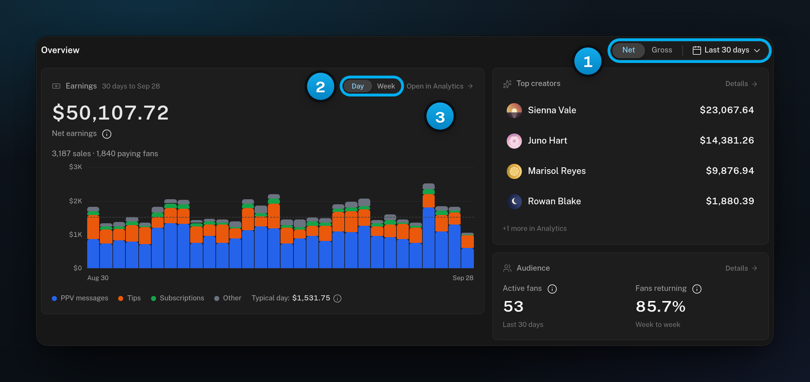 The Overview section: the Net and Gross switch with the period button, the Earnings card with its bars, Top creators and Audience