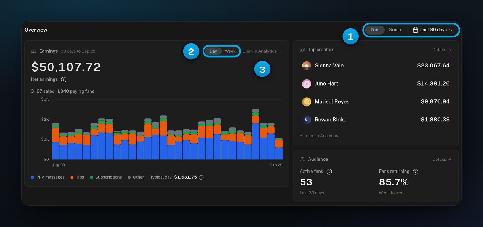 The Overview section: the Net and Gross switch with the period button, the Earnings card with its bars, Top creators and Audience