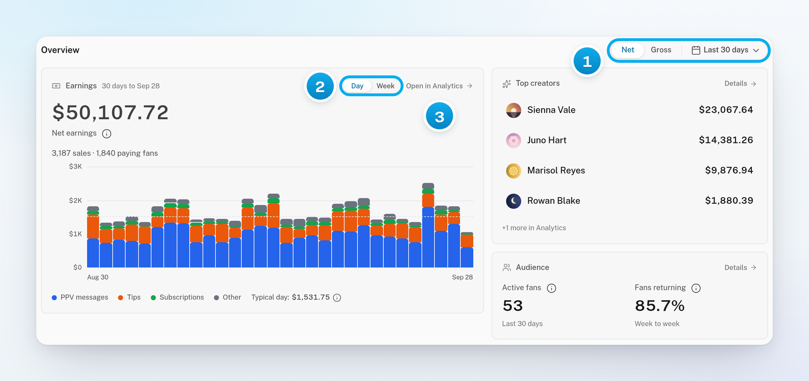 The Overview section: the Net and Gross switch with the period button, the Earnings card with its bars, Top creators and Audience