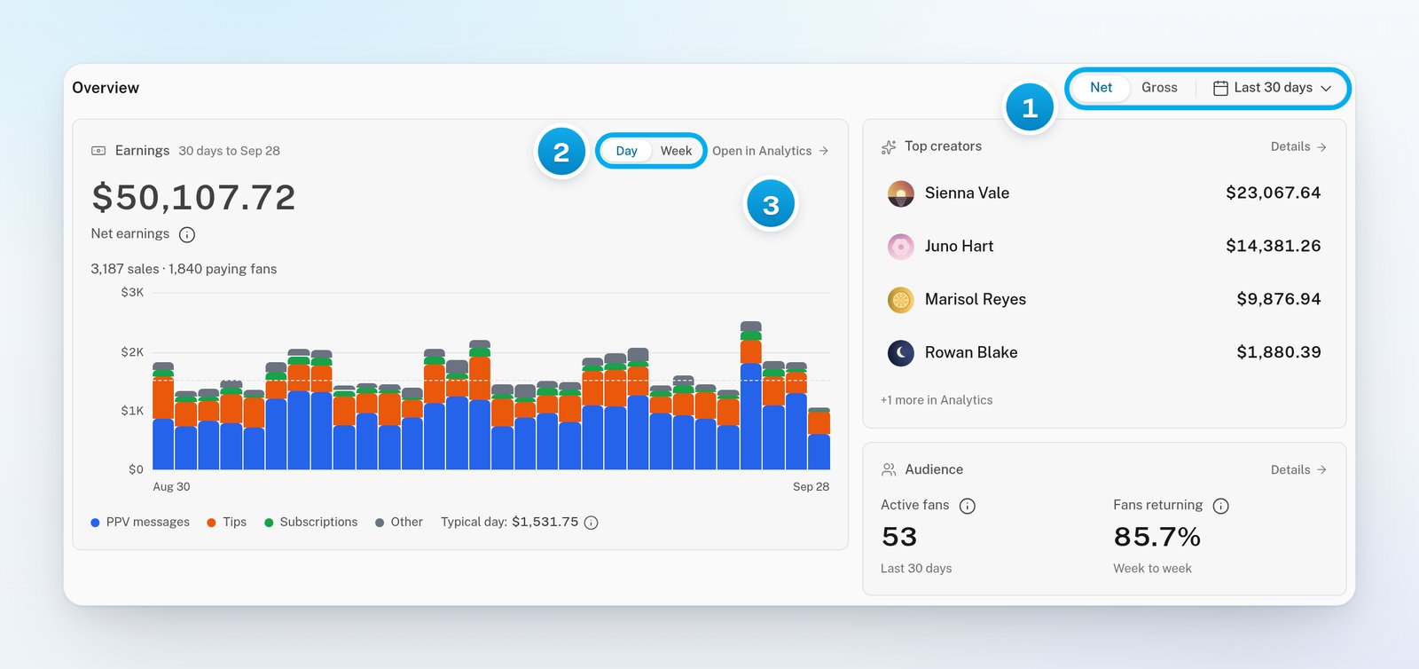 The Overview section: the Net and Gross switch with the period button, the Earnings card with its bars, Top creators and Audience