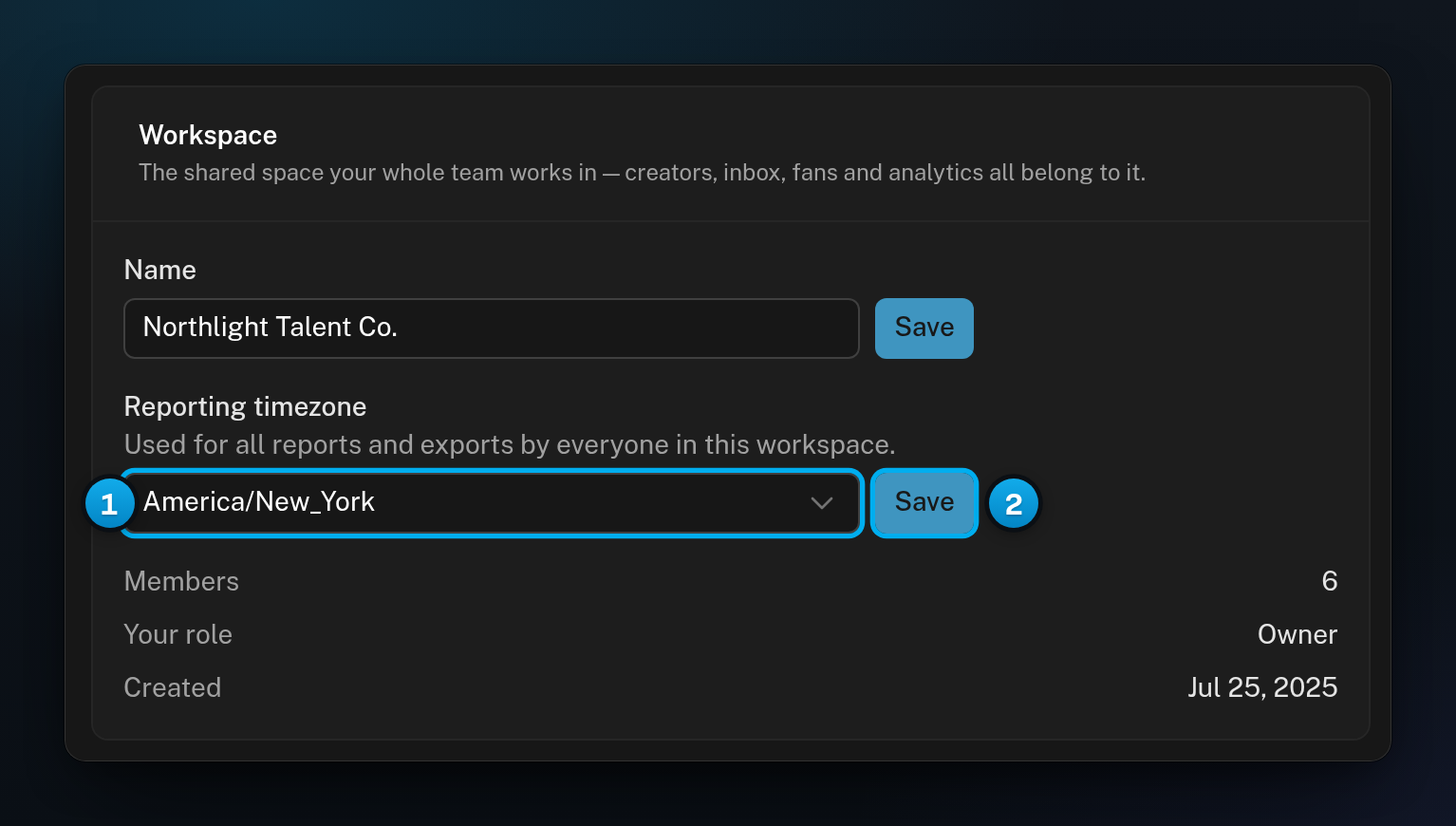 Settings, My Workspace: the Reporting timezone list set to America/New_York, with its Save button