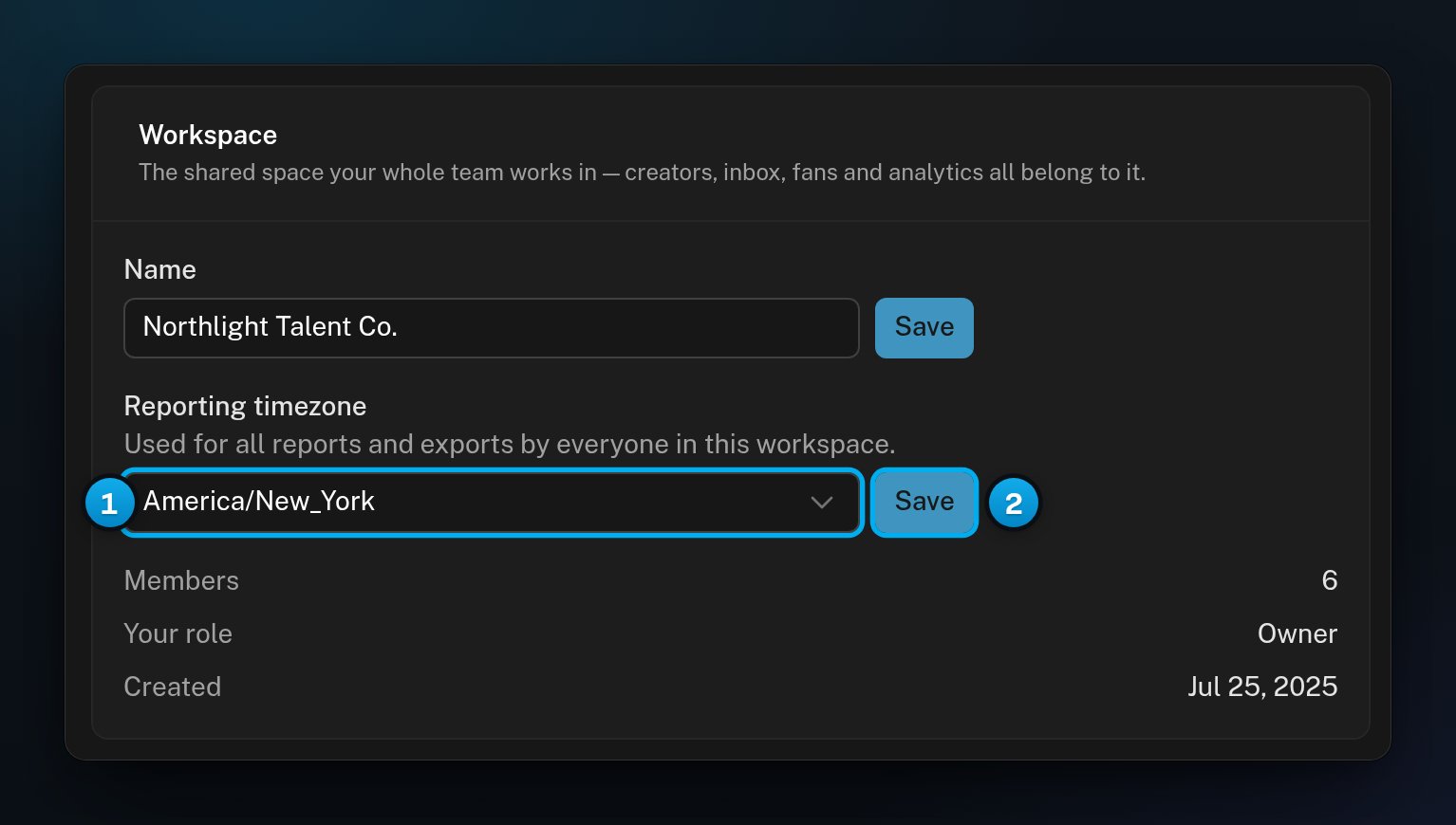 Settings, My Workspace: the Reporting timezone list set to America/New_York, with its Save button