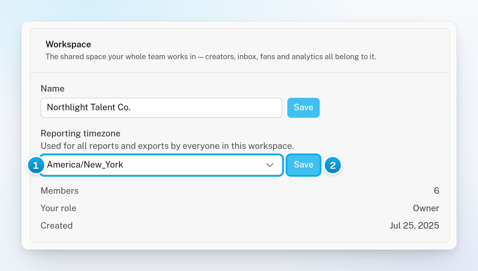 Settings, My Workspace: the Reporting timezone list set to America/New_York, with its Save button