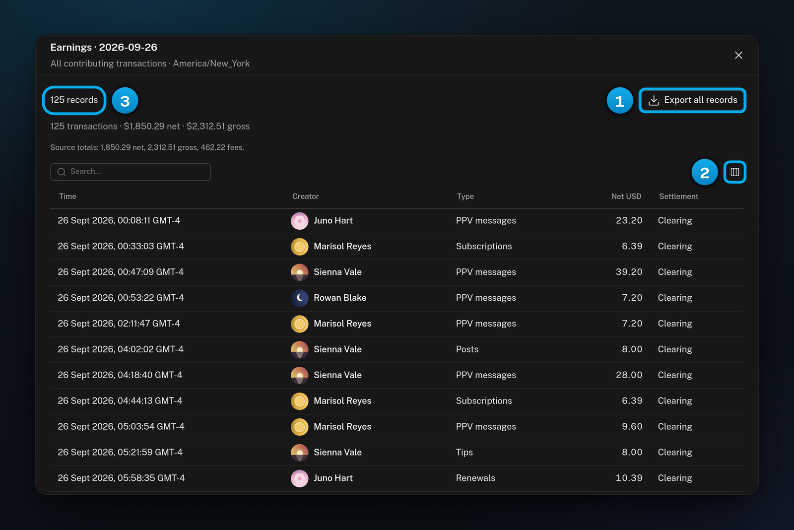 The Earnings records window for one day: the number of records, Export all records, the transactions summary and the table of sales