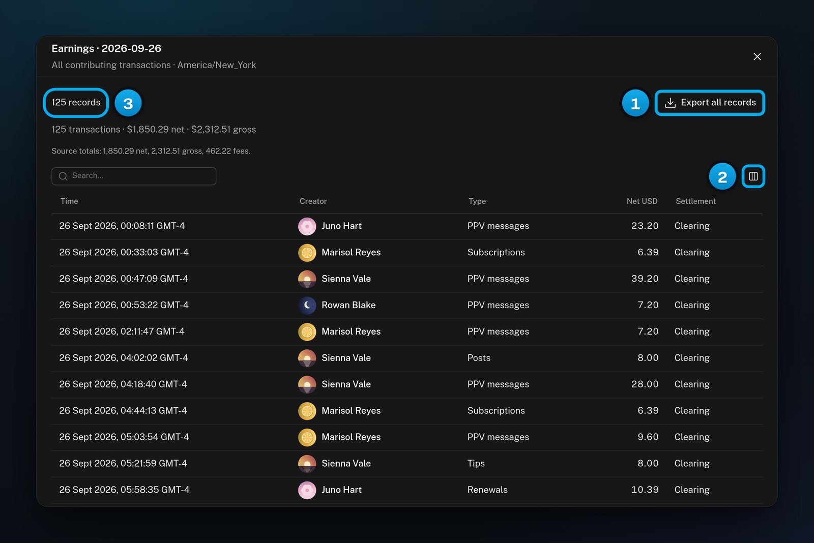 The Earnings records window for one day: the number of records, Export all records, the transactions summary and the table of sales