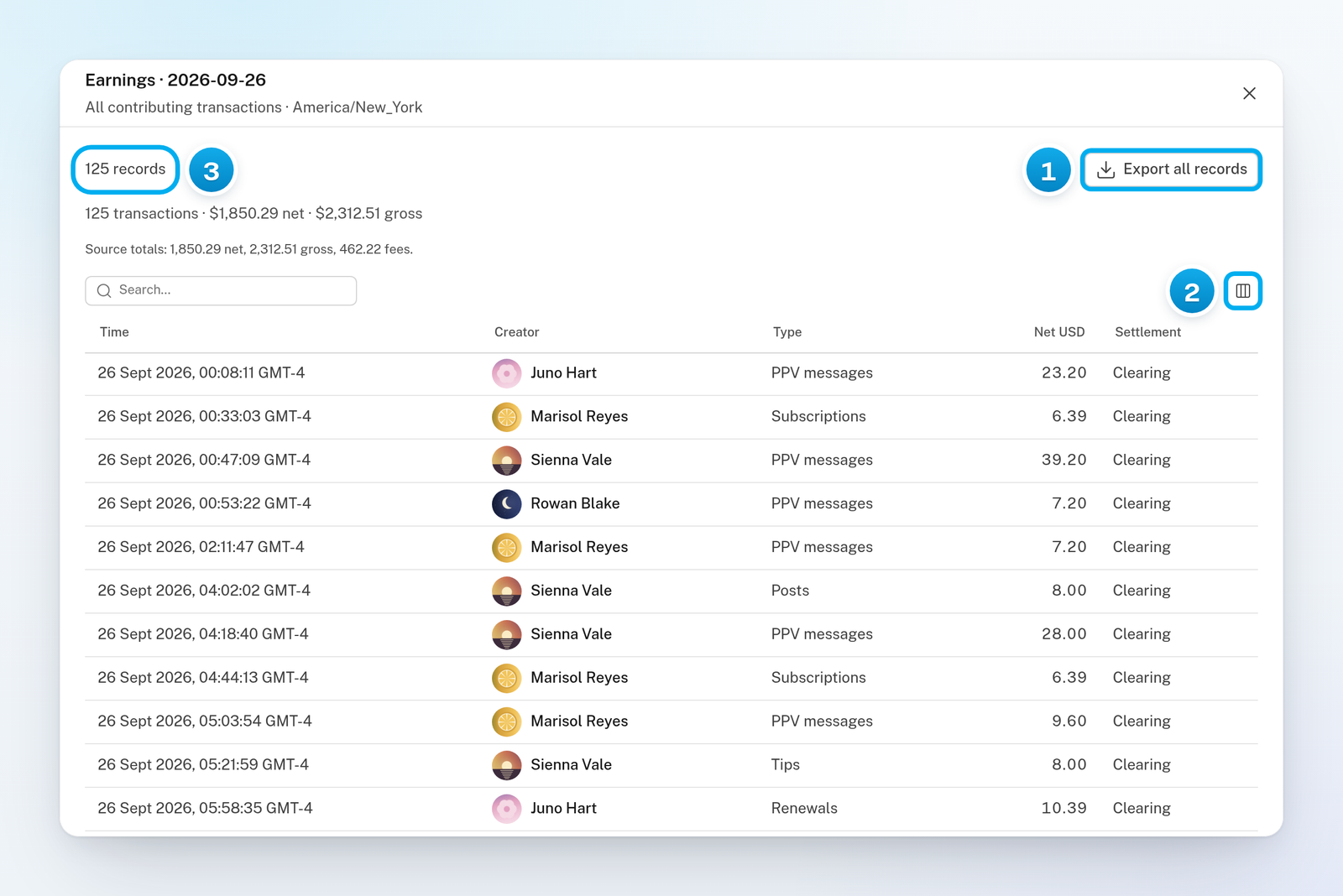 The Earnings records window for one day: the number of records, Export all records, the transactions summary and the table of sales