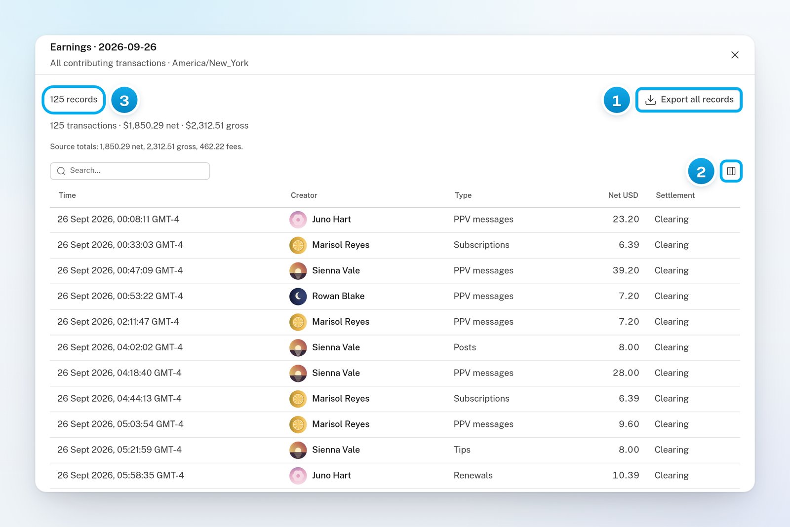 The Earnings records window for one day: the number of records, Export all records, the transactions summary and the table of sales