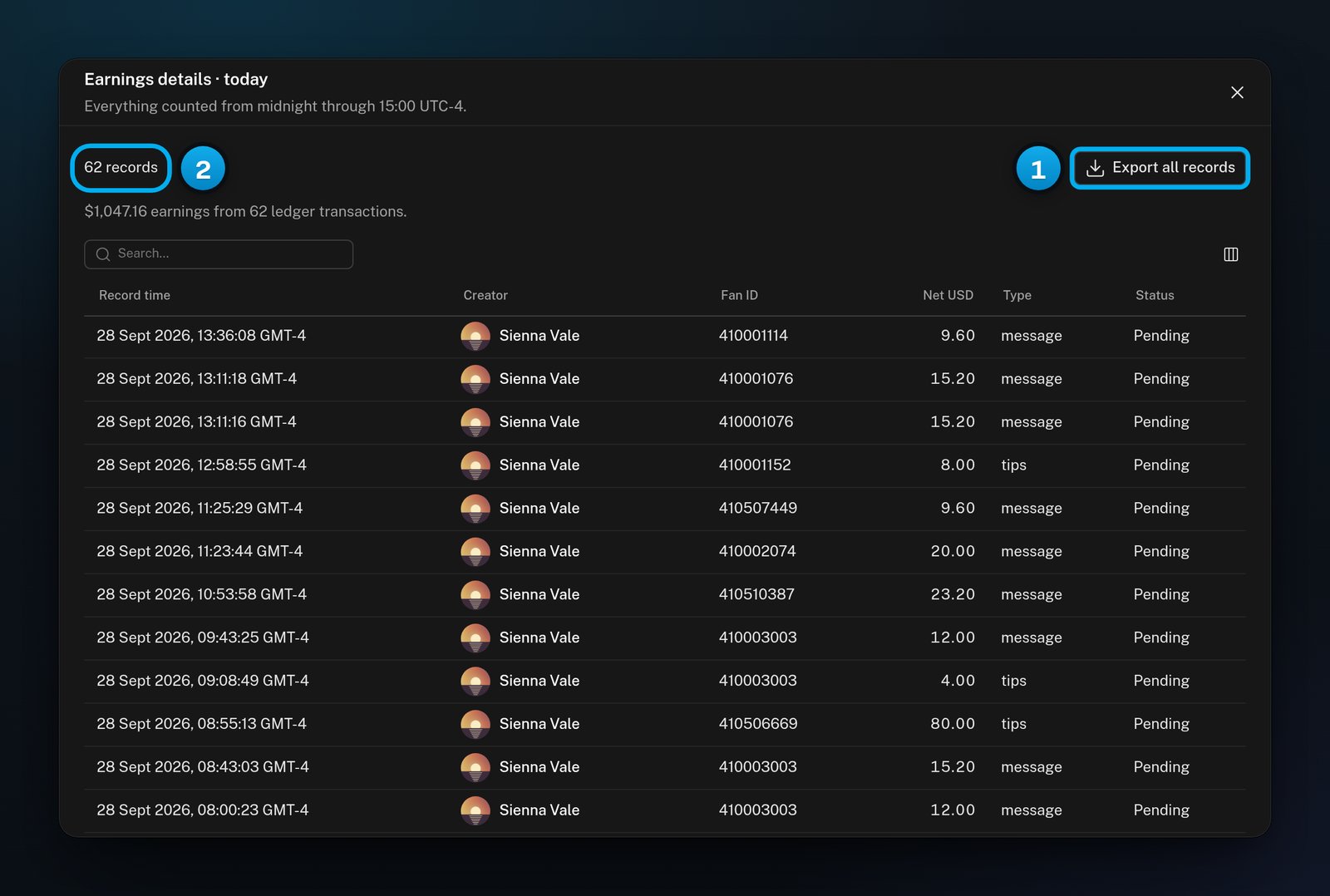 Earnings details for today up to a chosen hour: the number of records, the Export all records button and the list of sales