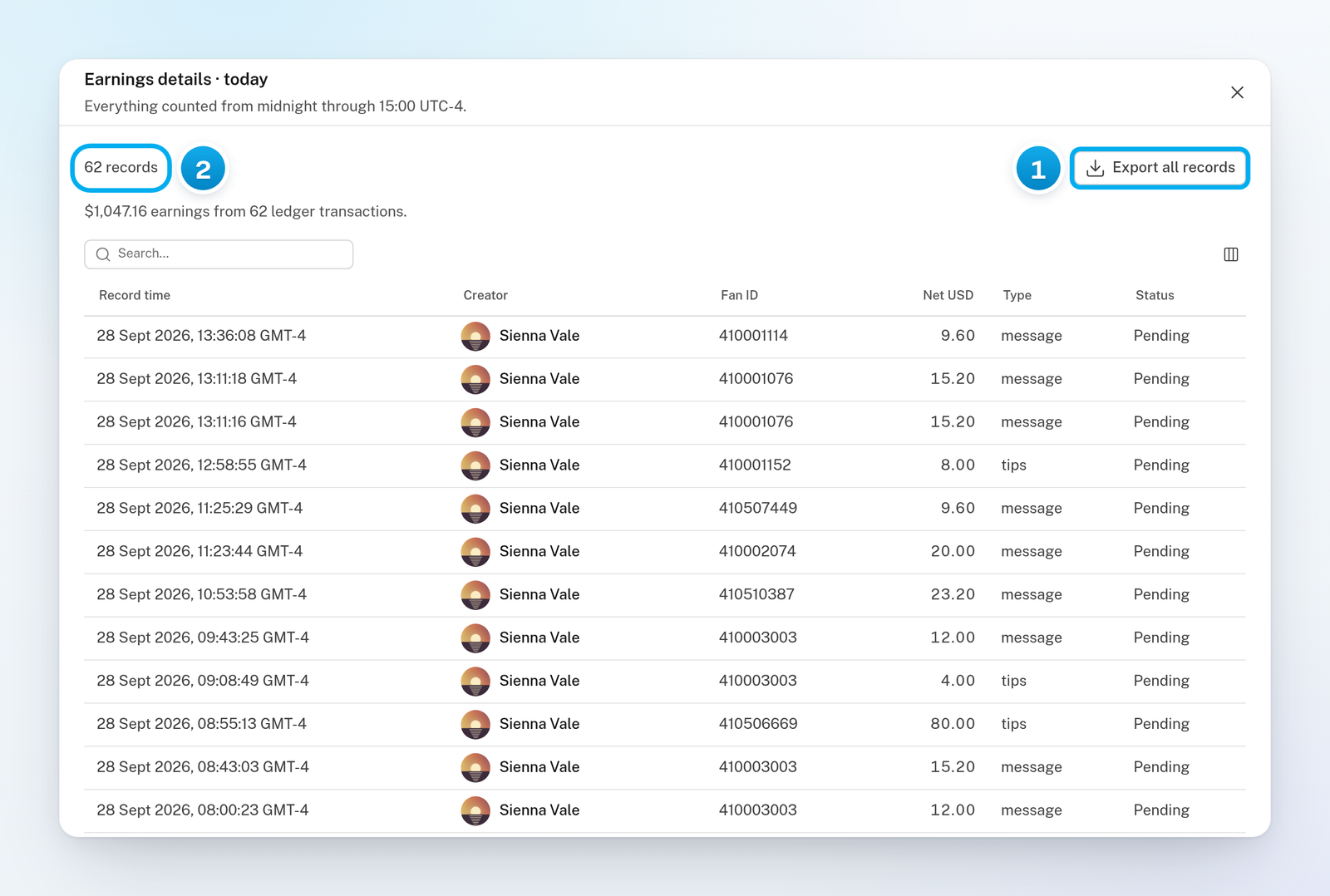 Earnings details for today up to a chosen hour: the number of records, the Export all records button and the list of sales