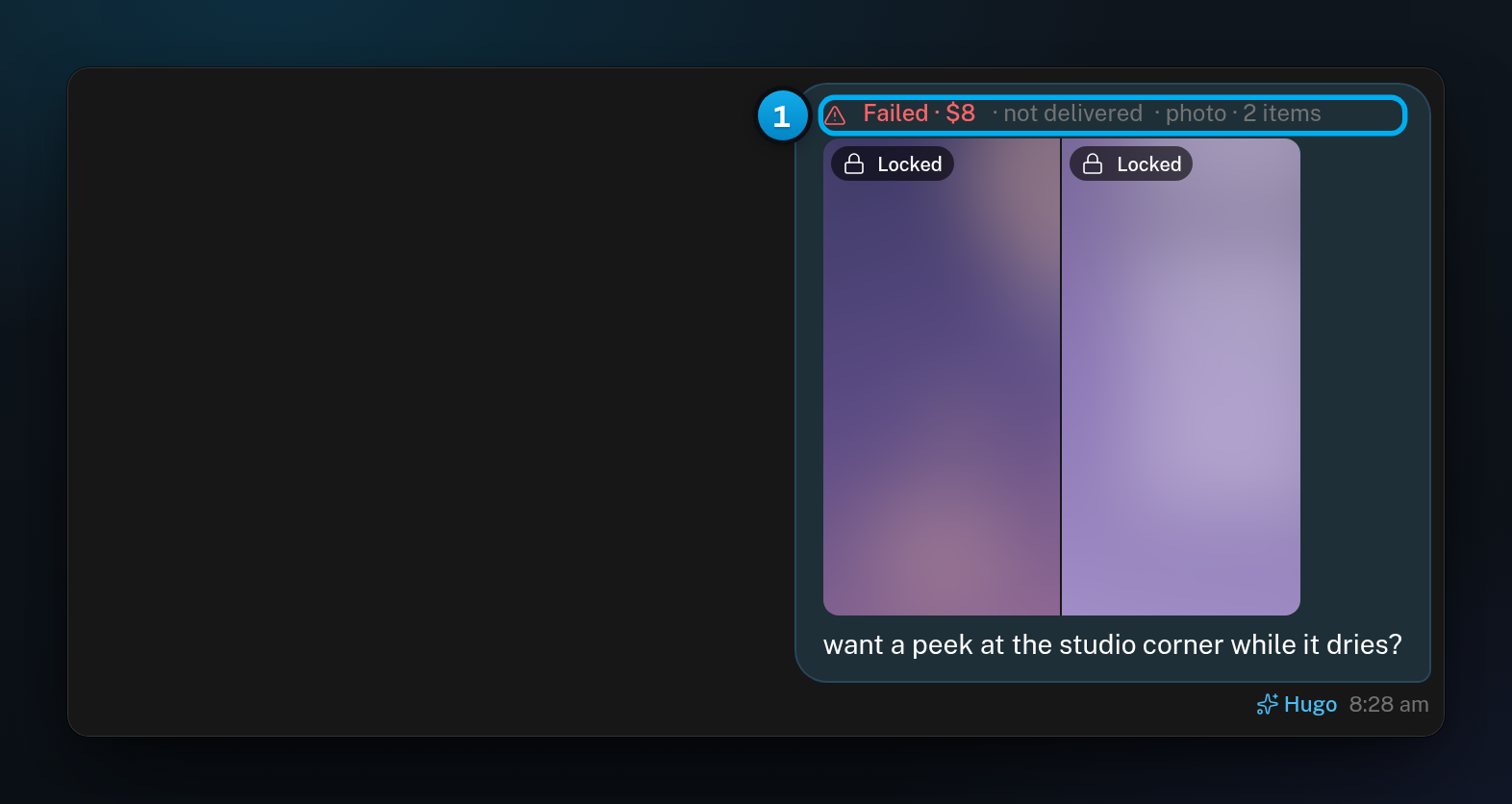 A priced message in a Telegram conversation with the red label Failed and the note not delivered