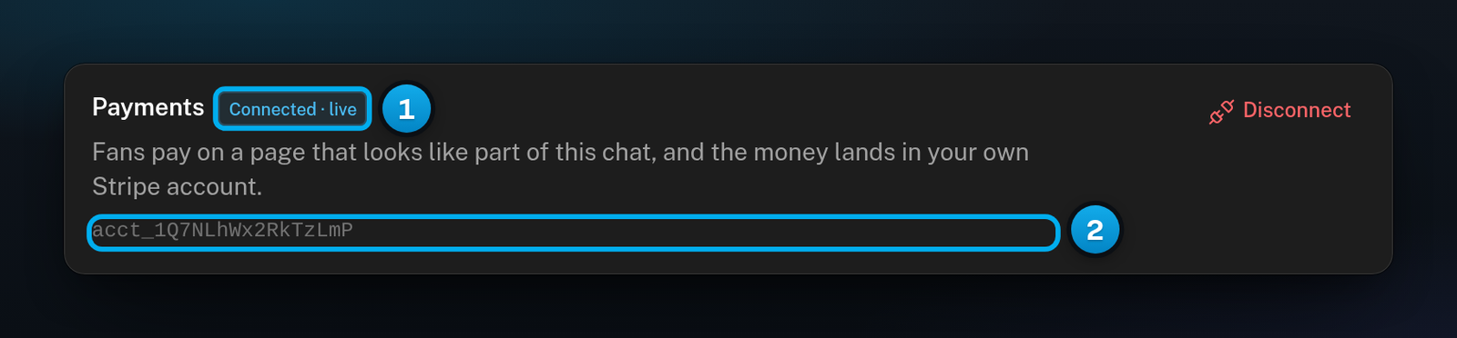 The Payments card for a Telegram creator showing Connected · live and the Stripe account ID