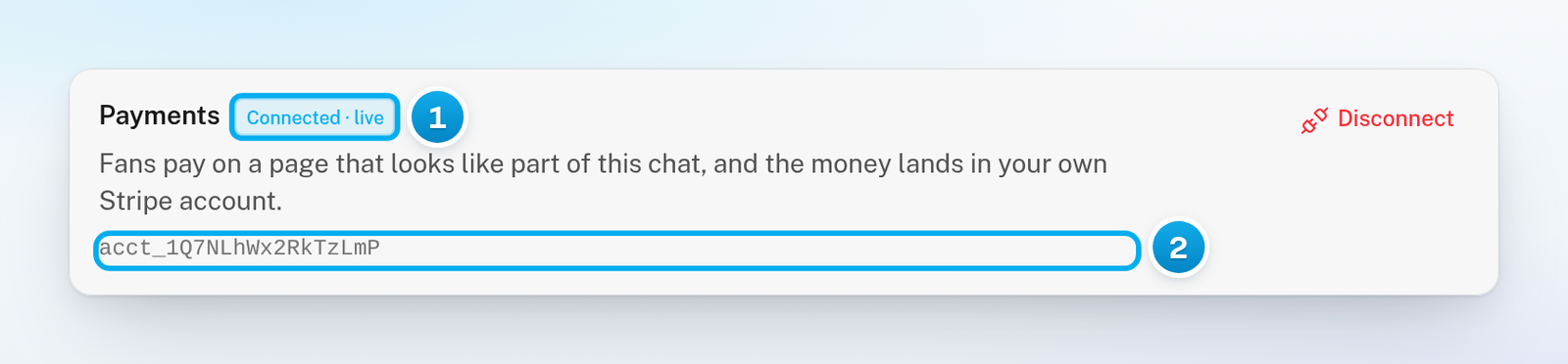 The Payments card for a Telegram creator showing Connected · live and the Stripe account ID