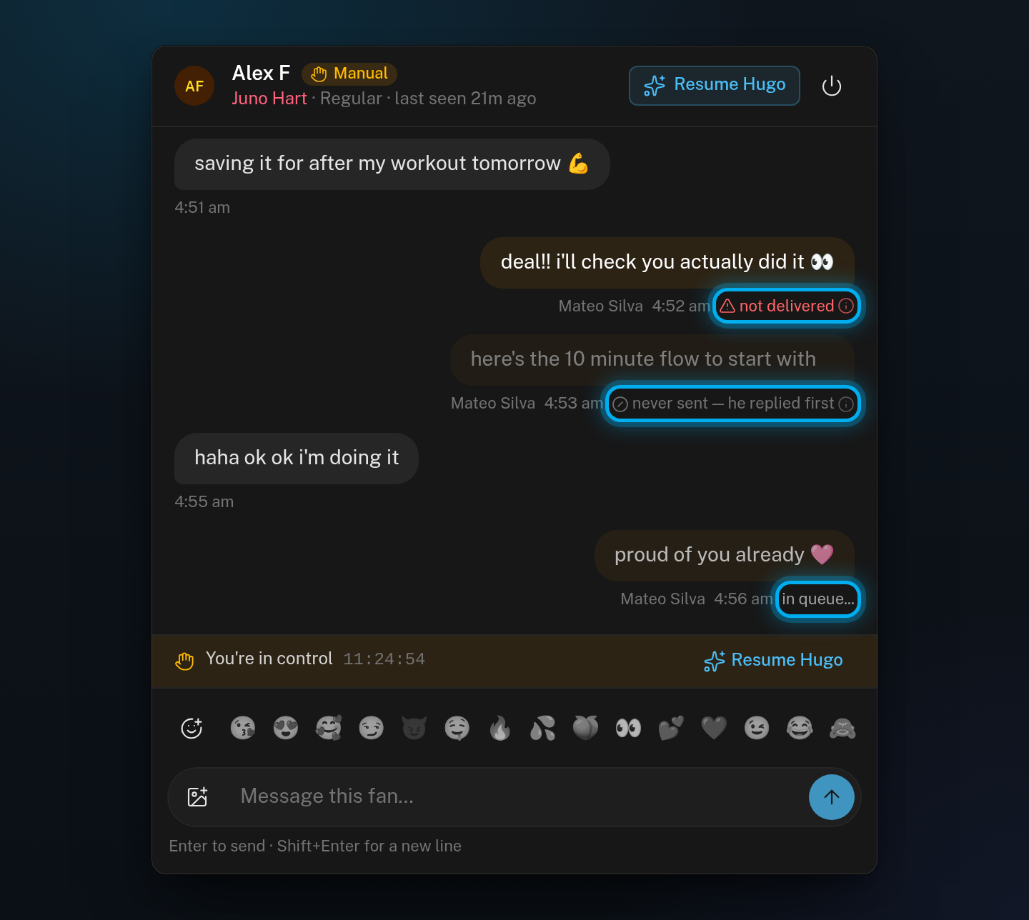 Sent messages in a conversation with delivery labels: in queue on the newest, never sent with its reason, and not delivered in red with its i button