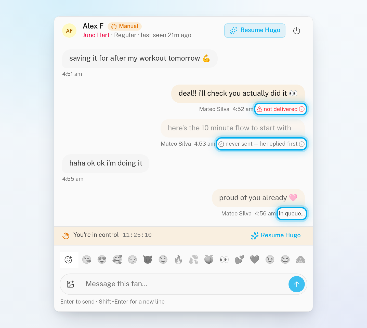 Sent messages in a conversation with delivery labels: in queue on the newest, never sent with its reason, and not delivered in red with its i button
