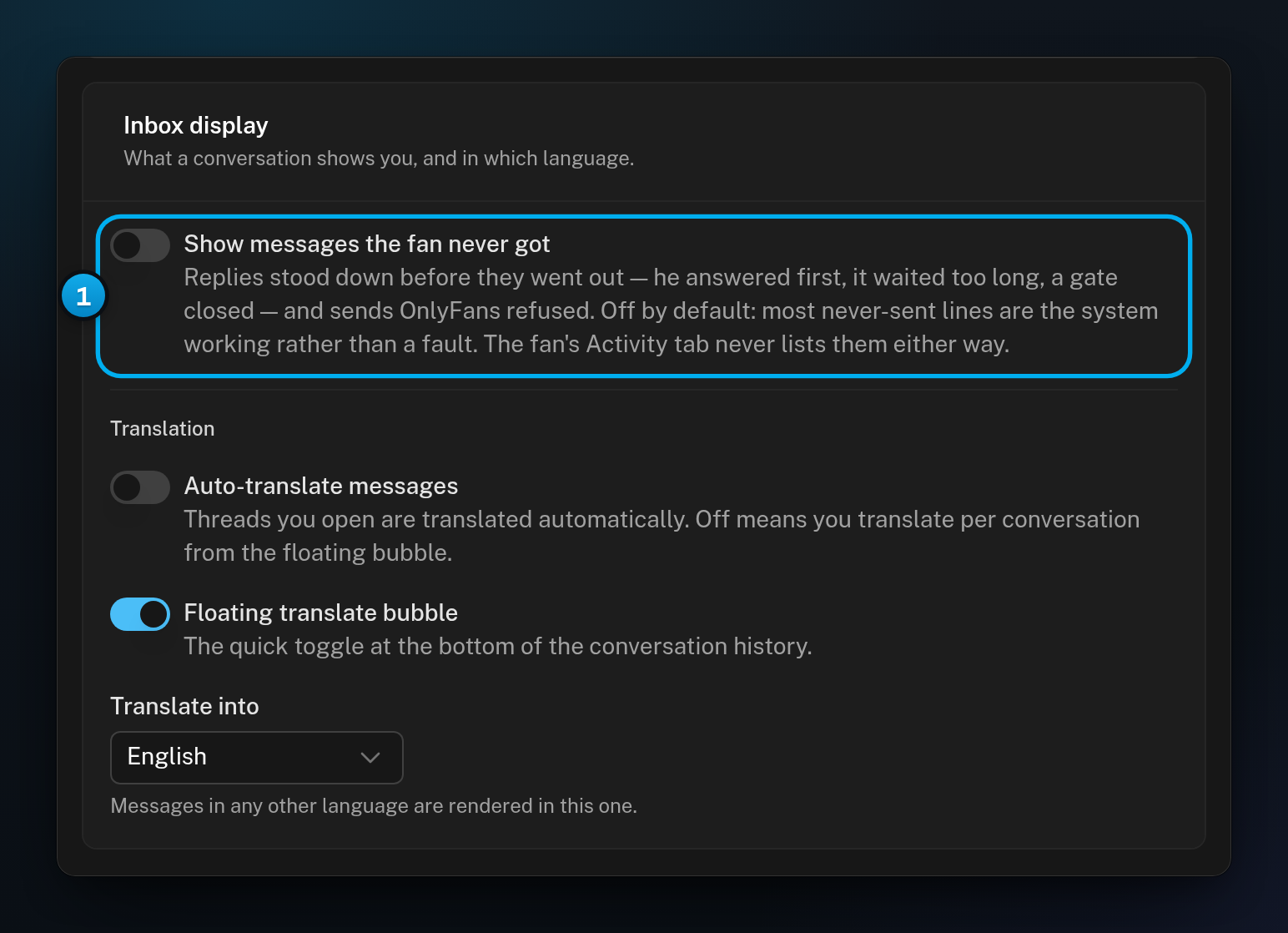 The Inbox display card on the Appearance tab, with the Show messages the fan never got switch marked
