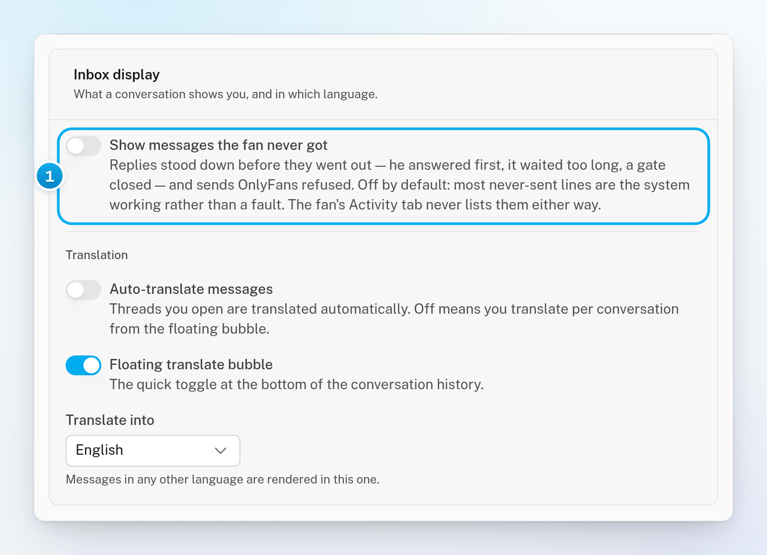 The Inbox display card on the Appearance tab, with the Show messages the fan never got switch marked