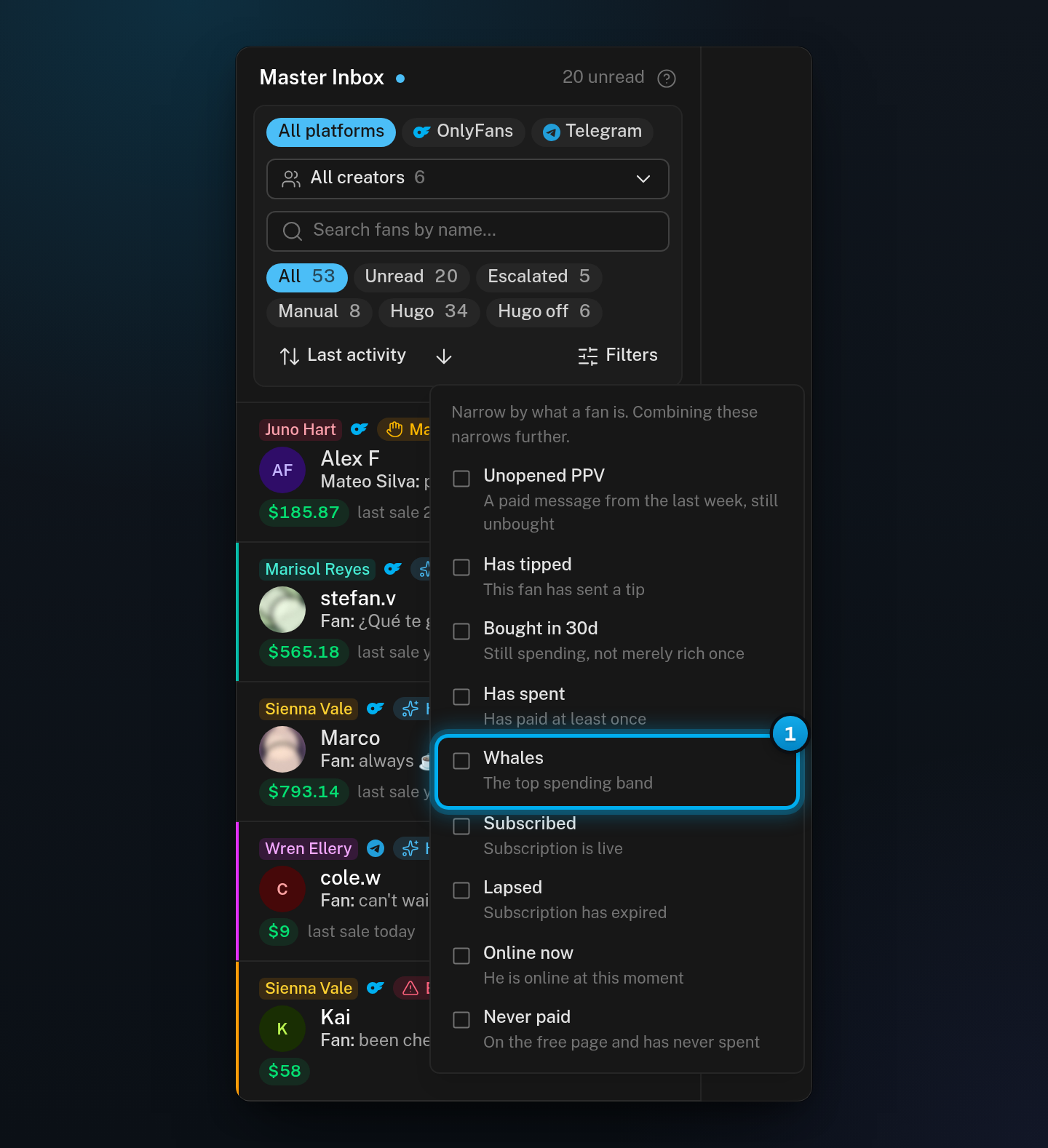The Filters list open under the Filters button, with nine filters such as Whales, Online now and Unopened PPV, each with its hint
