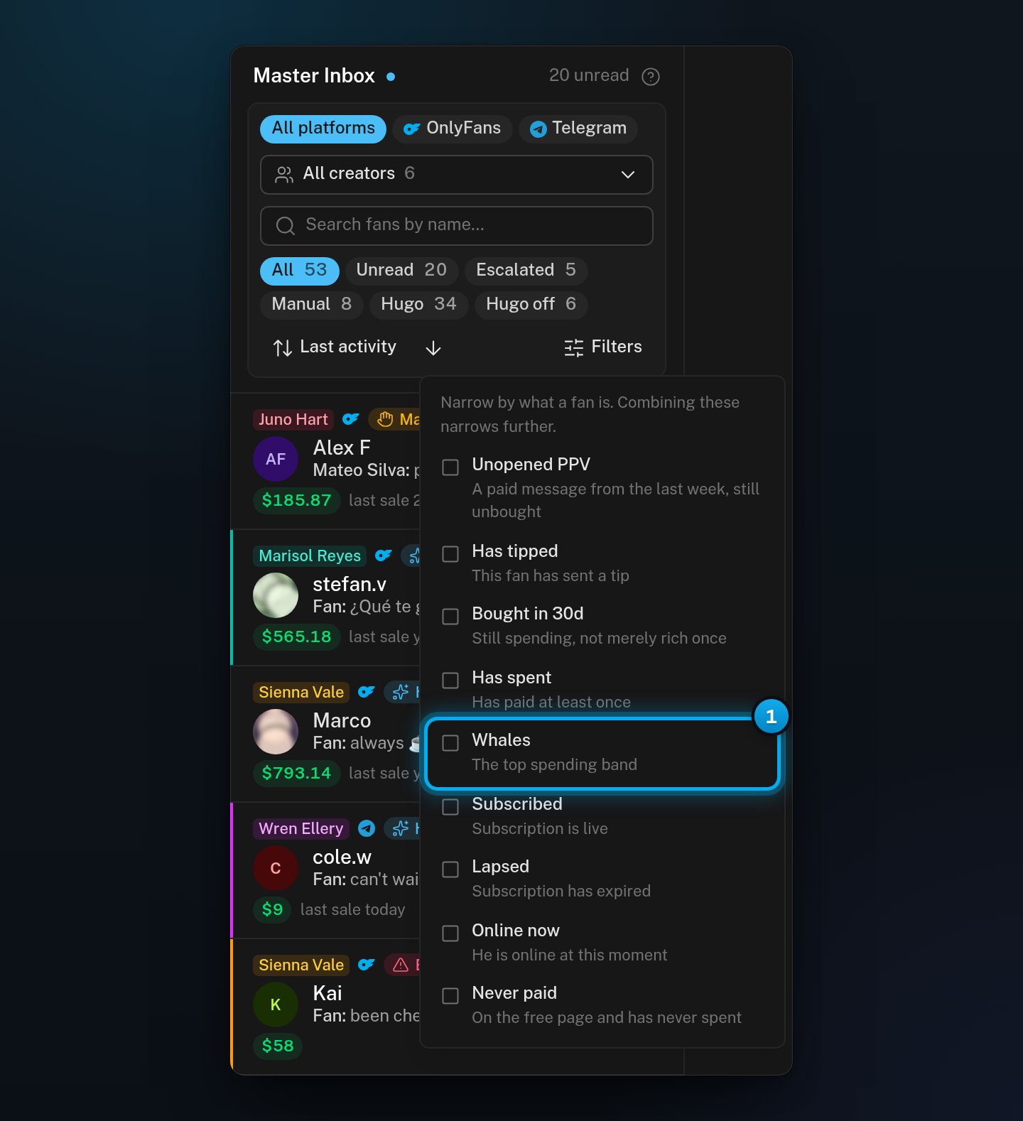 The Filters list open under the Filters button, with nine filters such as Whales, Online now and Unopened PPV, each with its hint