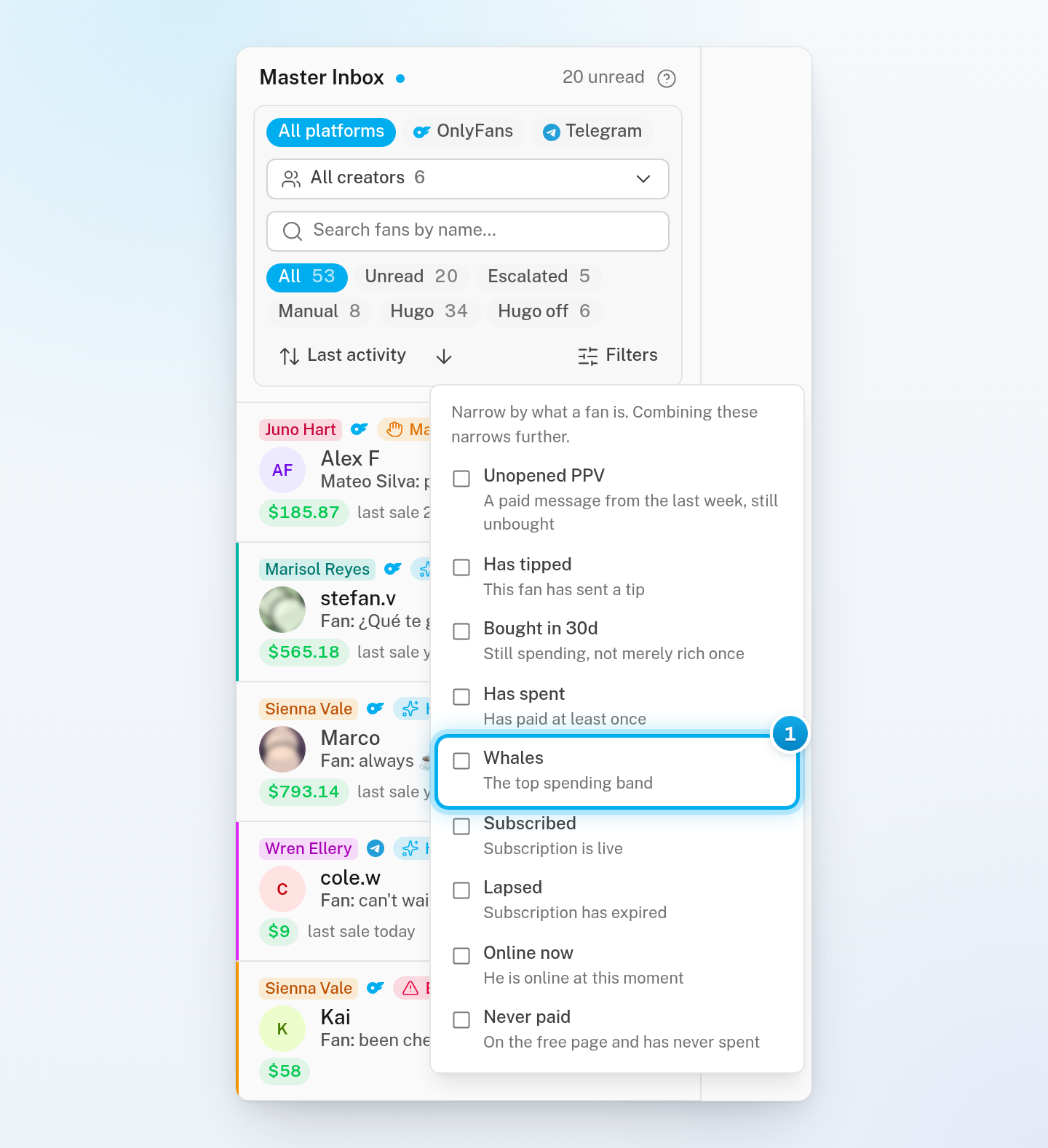 The Filters list open under the Filters button, with nine filters such as Whales, Online now and Unopened PPV, each with its hint