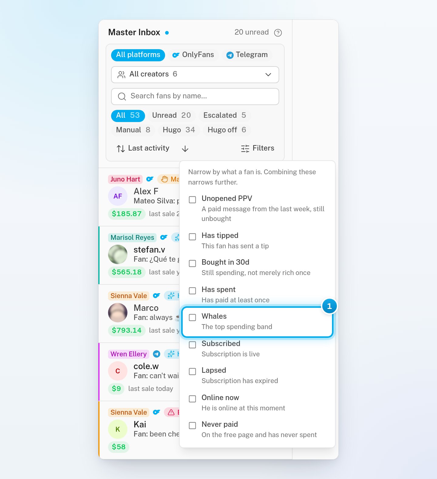 The Filters list open under the Filters button, with nine filters such as Whales, Online now and Unopened PPV, each with its hint
