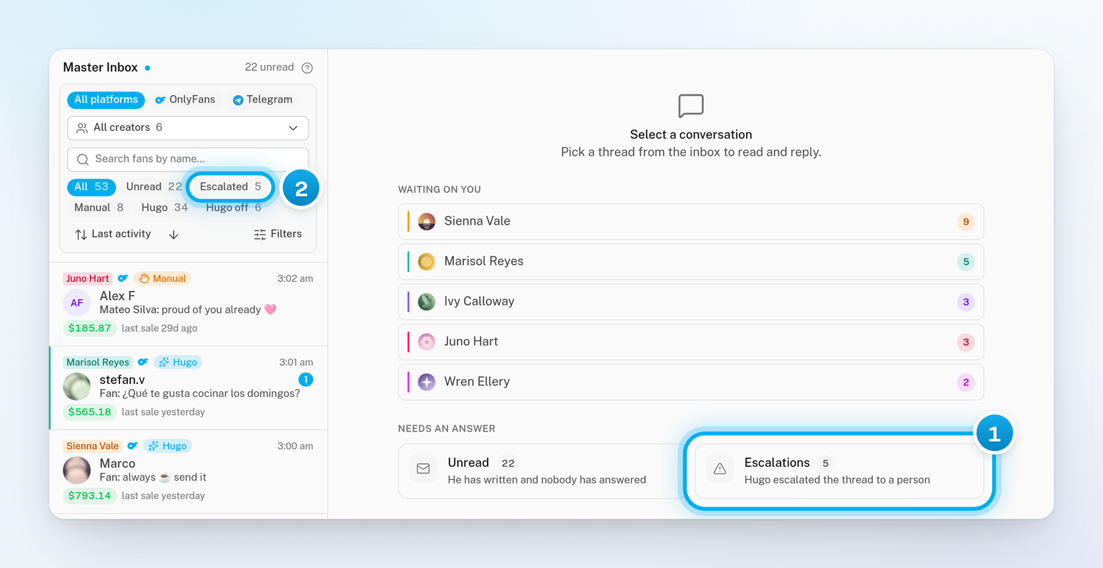 The Inbox with no conversation open: the Escalations card with its count, and the Escalated chip in the list controls