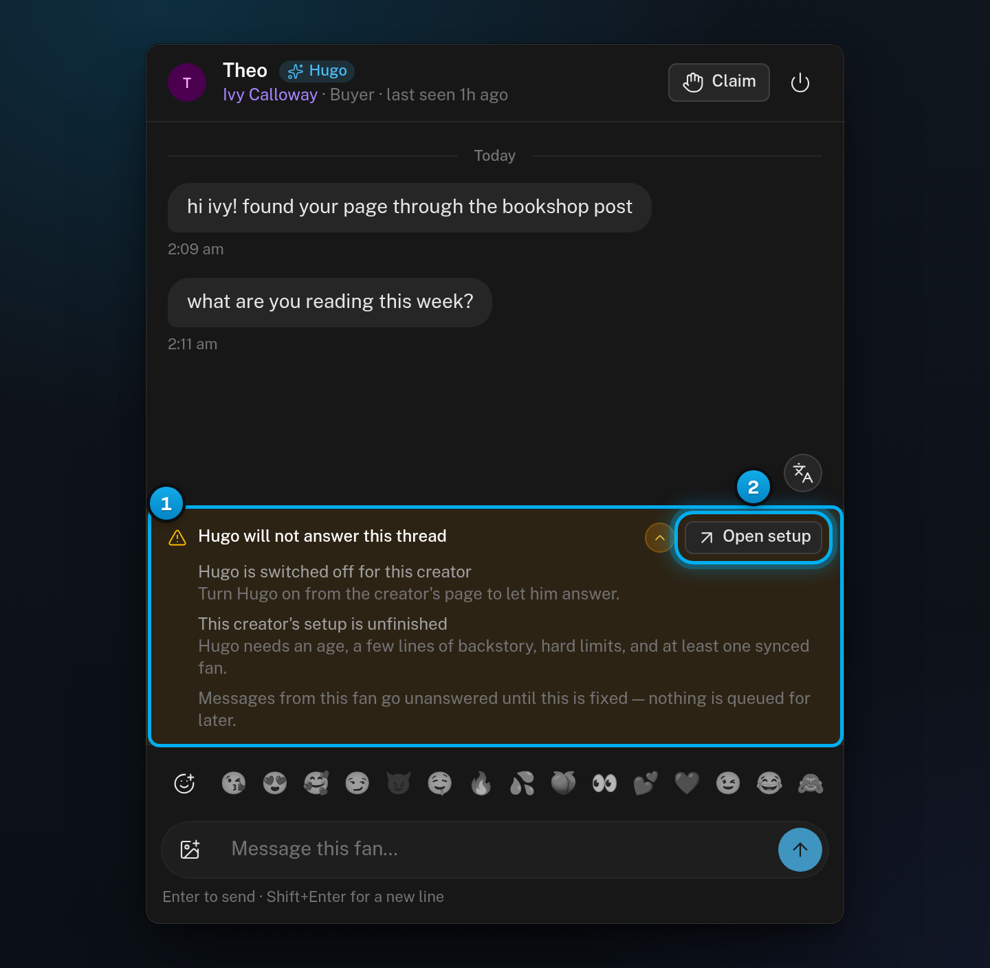 A conversation with the amber banner Hugo will not answer this thread, its reasons with a hint under each, and the Open setup button