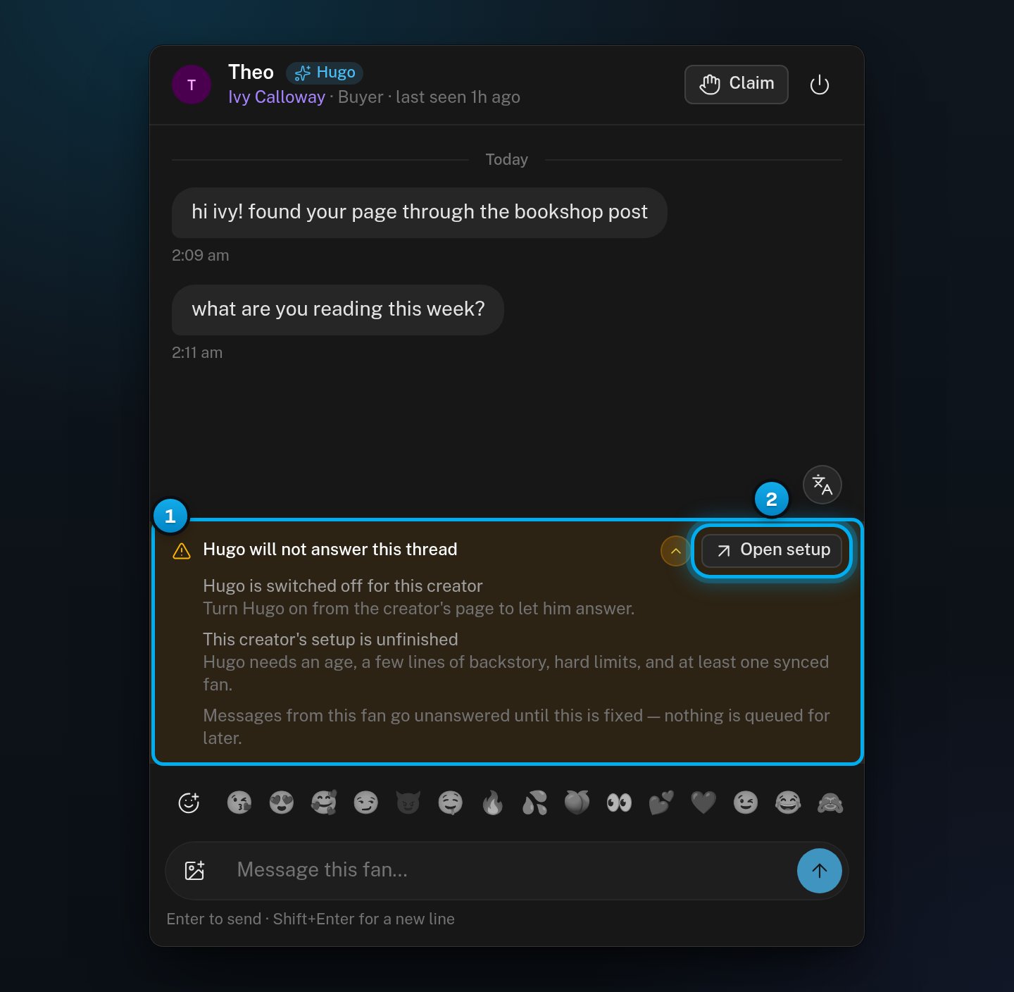 A conversation with the amber banner Hugo will not answer this thread, its reasons with a hint under each, and the Open setup button