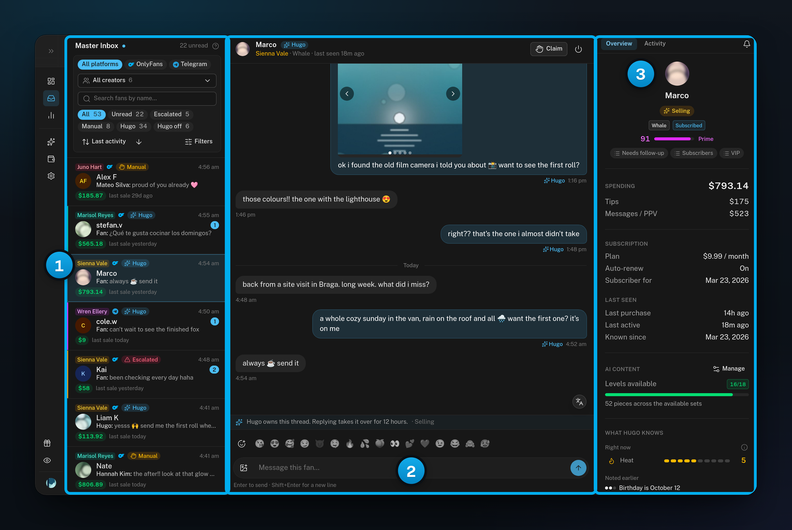 The whole Inbox: the Master Inbox list, an open conversation with a fan, and the fan panel, side by side