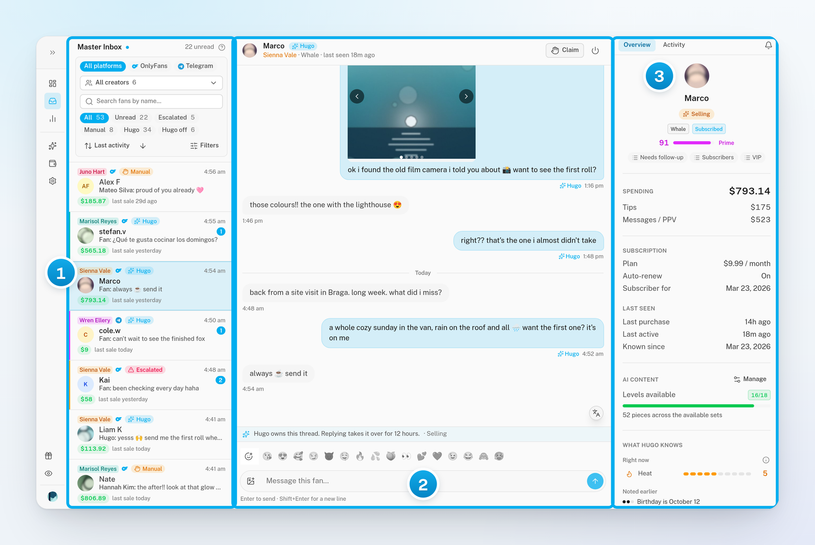 The whole Inbox: the Master Inbox list, an open conversation with a fan, and the fan panel, side by side
