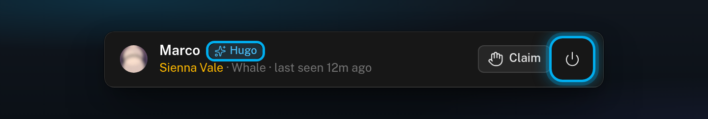 The top of a Hugo conversation, with the power button next to Claim and the Hugo chip next to the fan's name