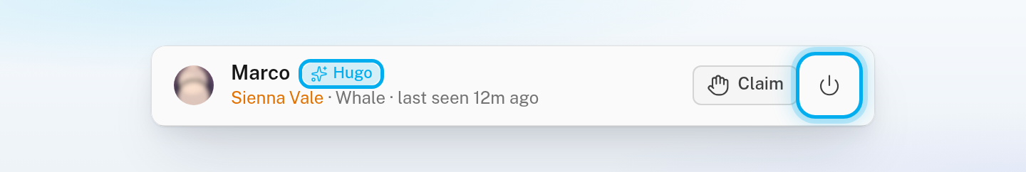 The top of a Hugo conversation, with the power button next to Claim and the Hugo chip next to the fan's name