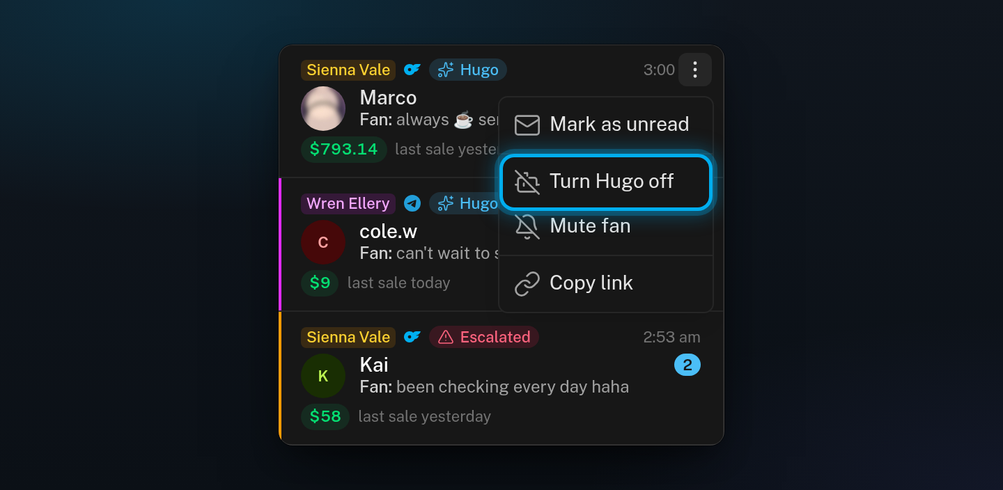The row menu of a conversation in the Master Inbox, open, with Turn Hugo off marked