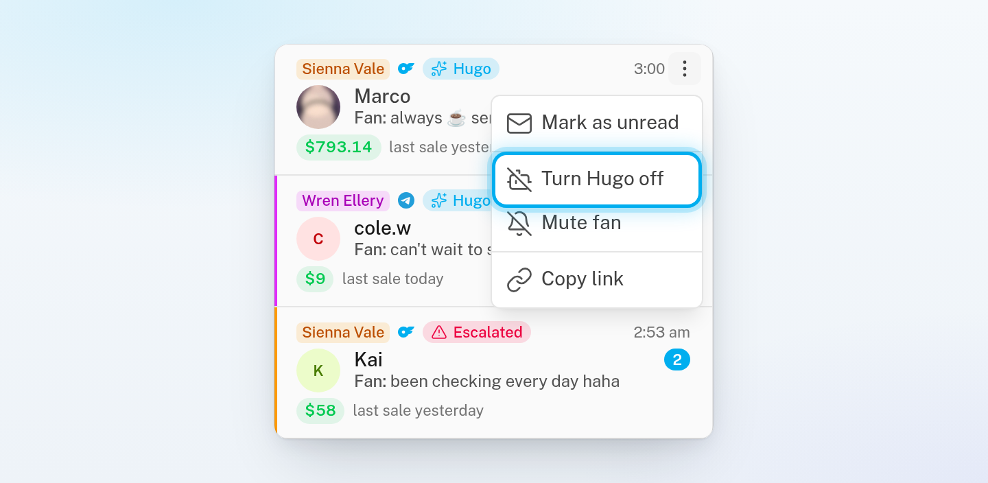 The row menu of a conversation in the Master Inbox, open, with Turn Hugo off marked