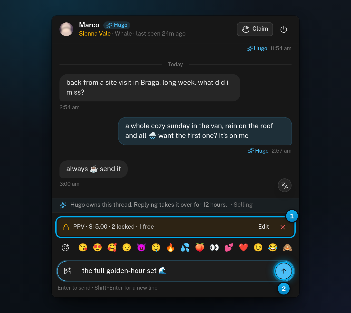 The message box with the PPV strip showing the price and the locked and free items, a teaser typed in, and the send button