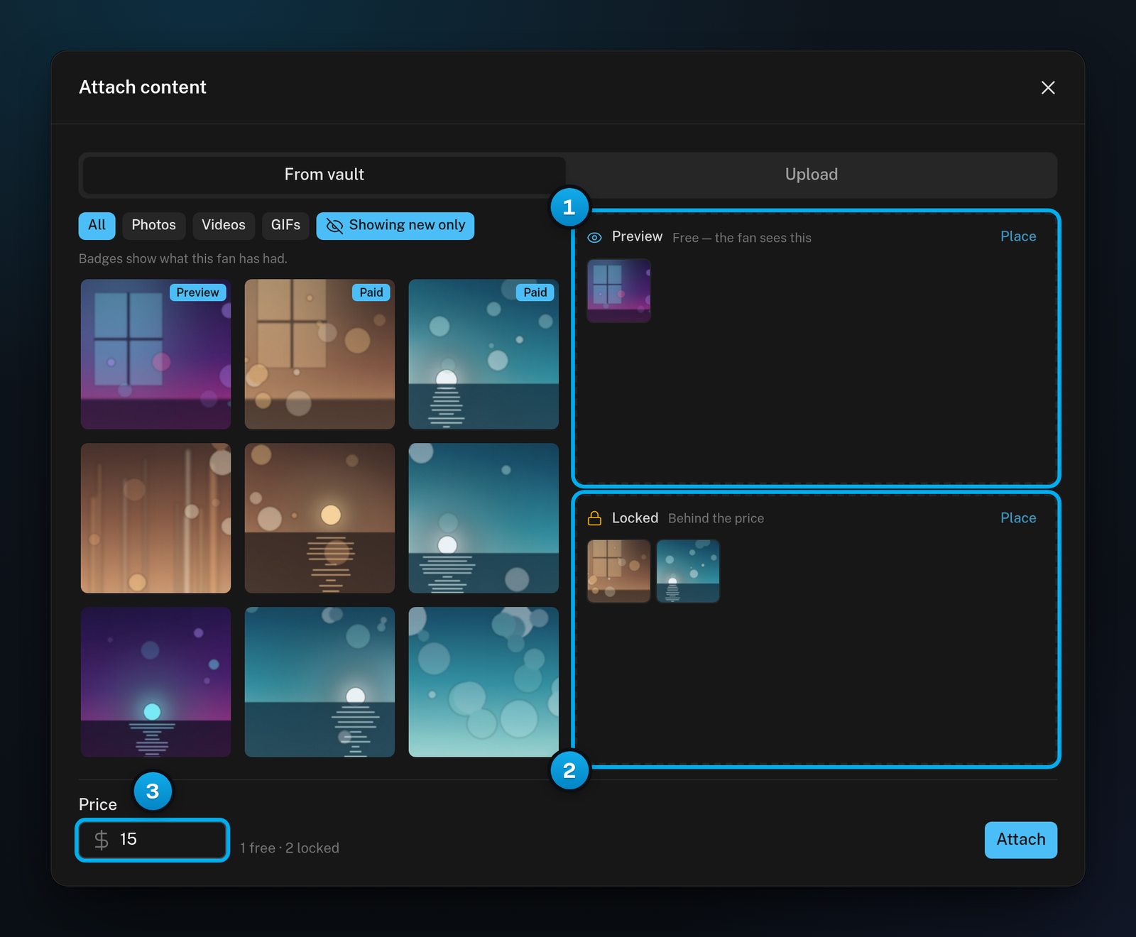 The Attach content window: vault items on one side, one item placed in Preview and two in Locked, and a price of 15 dollars
