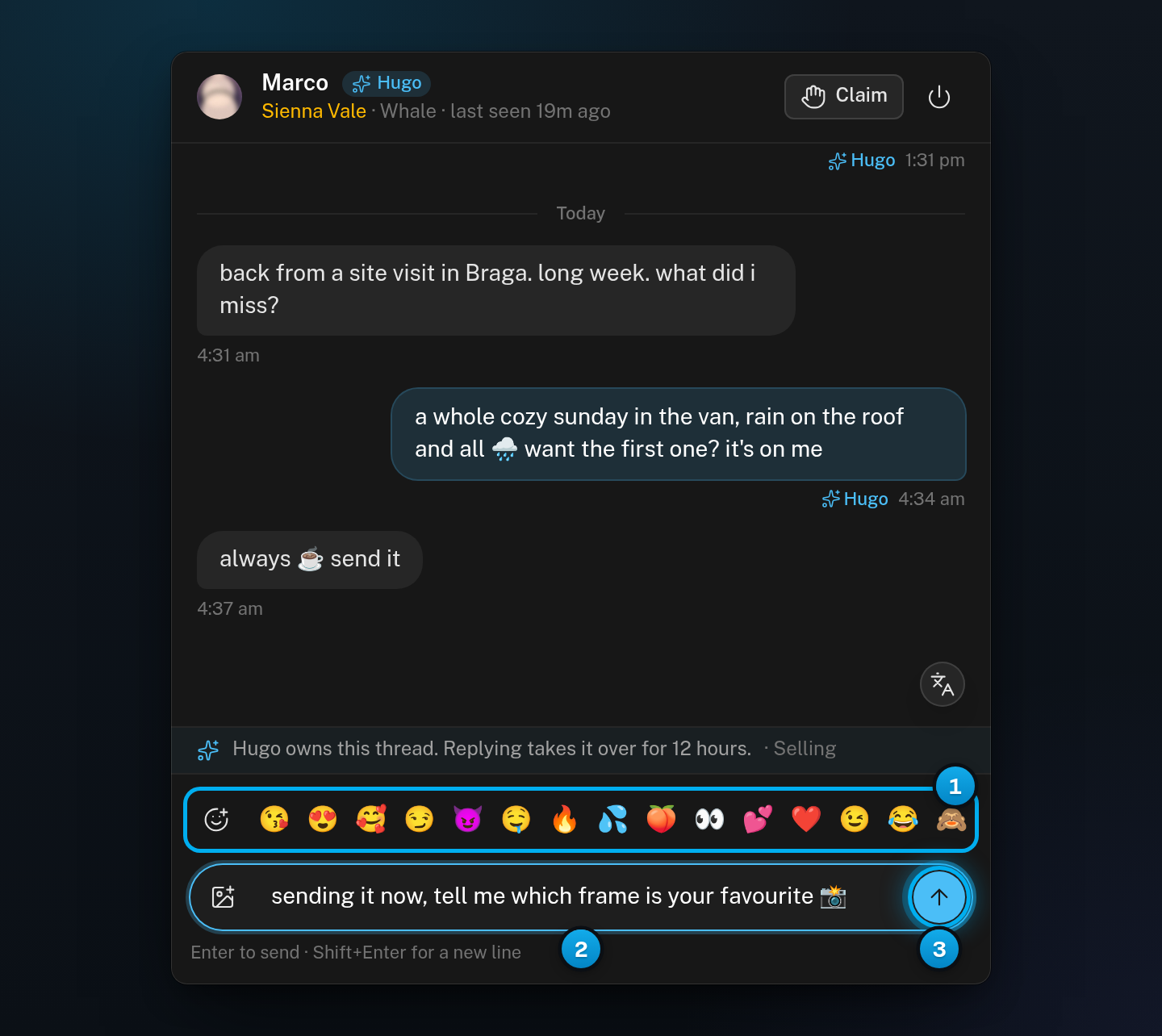 The bottom of a conversation: the line saying Hugo owns it, the row of quick emoji with the All emoji button, a typed message and the send button