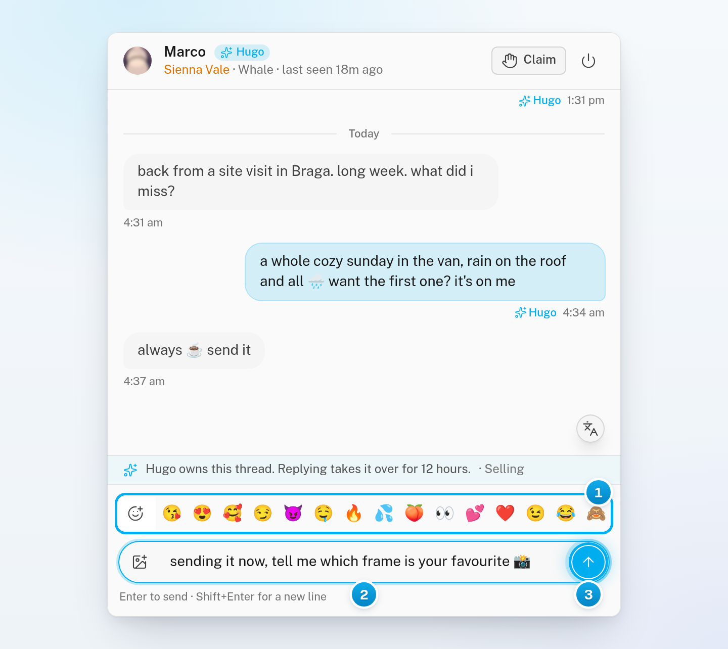 The bottom of a conversation: the line saying Hugo owns it, the row of quick emoji with the All emoji button, a typed message and the send button