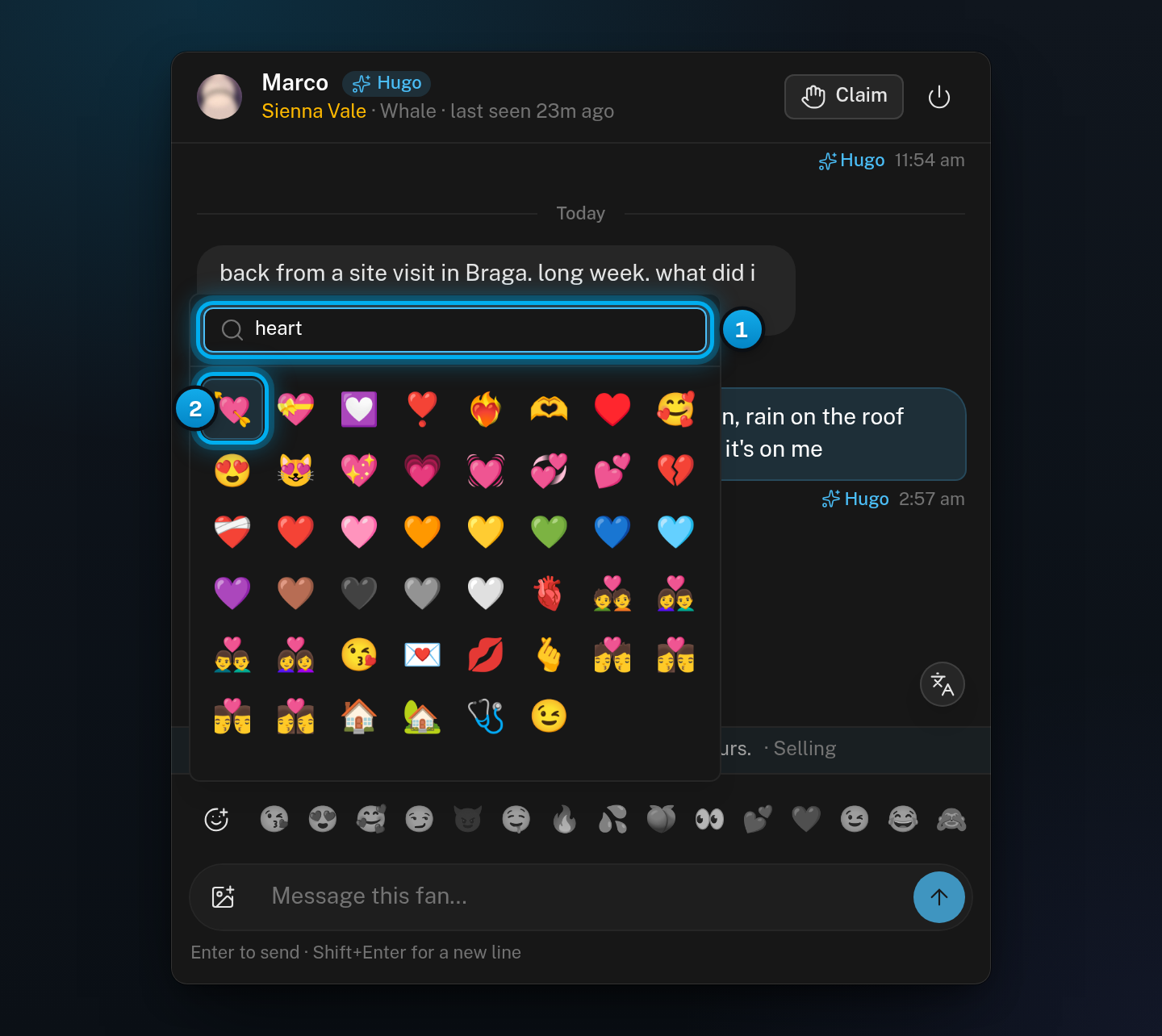 The All emoji panel open over the message box, with heart typed in the search box and the first matching emoji marked