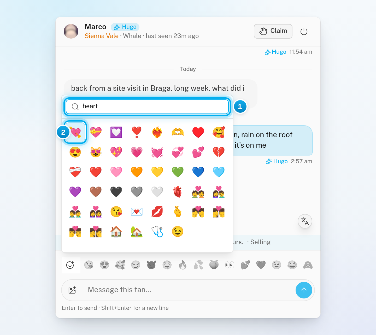 The All emoji panel open over the message box, with heart typed in the search box and the first matching emoji marked