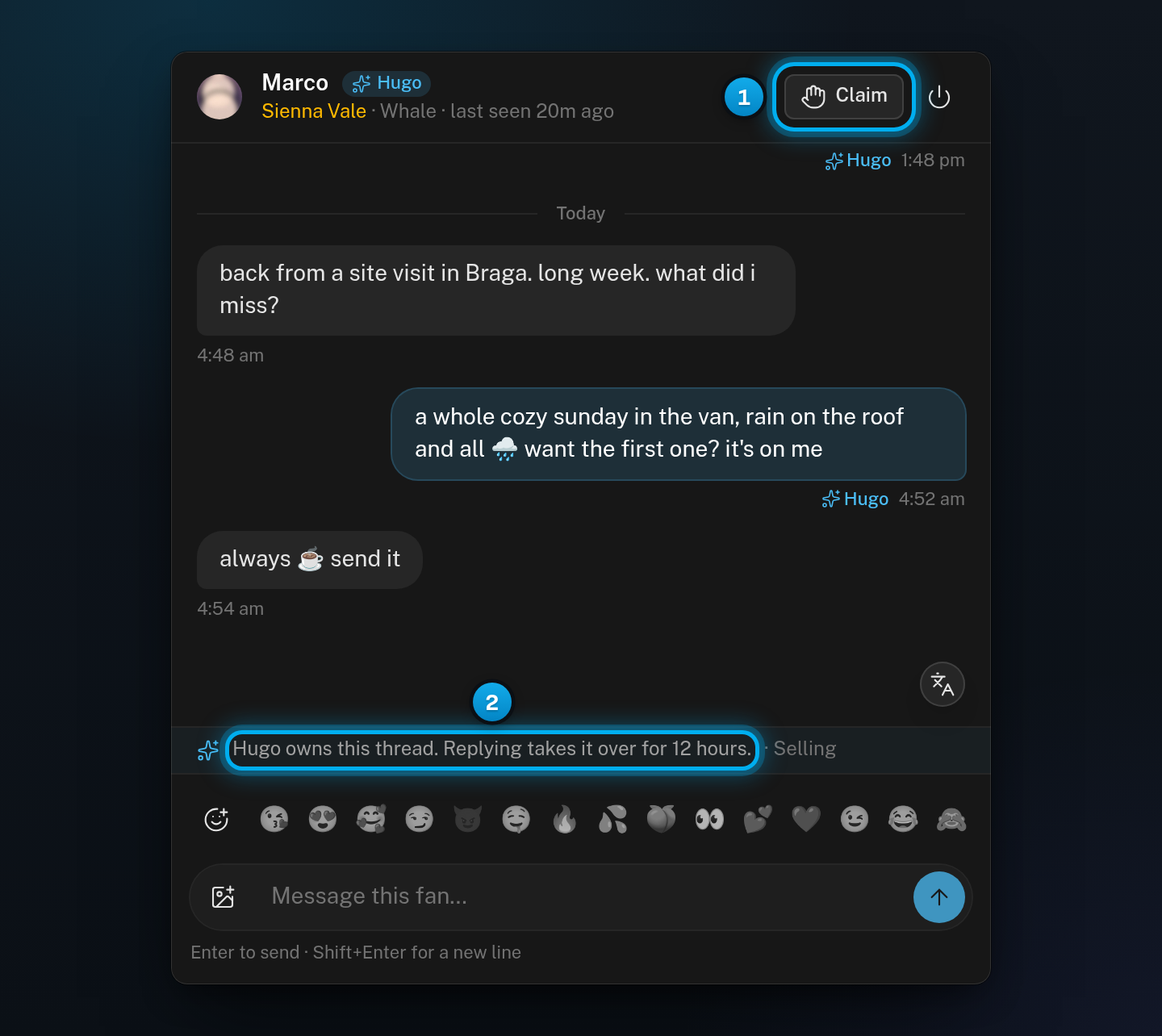 A conversation that Hugo owns, with the Claim button at the top and the line saying that replying takes it over for 12 hours