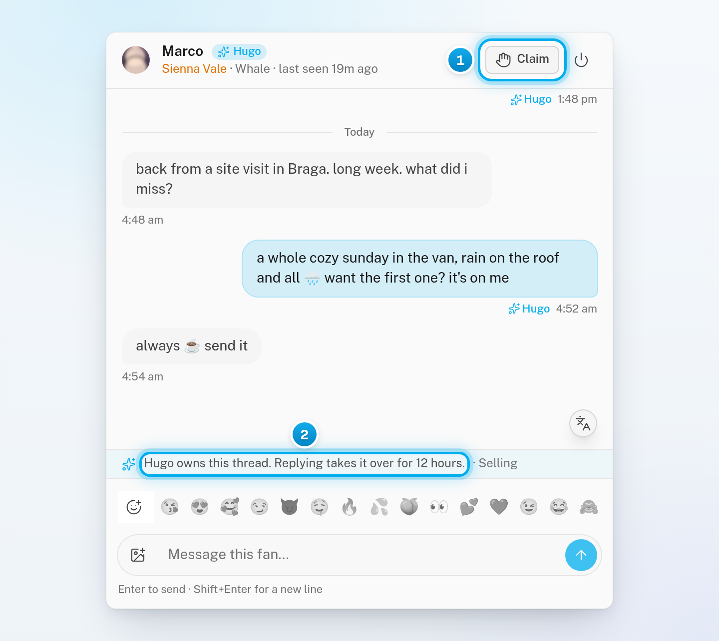 A conversation that Hugo owns, with the Claim button at the top and the line saying that replying takes it over for 12 hours