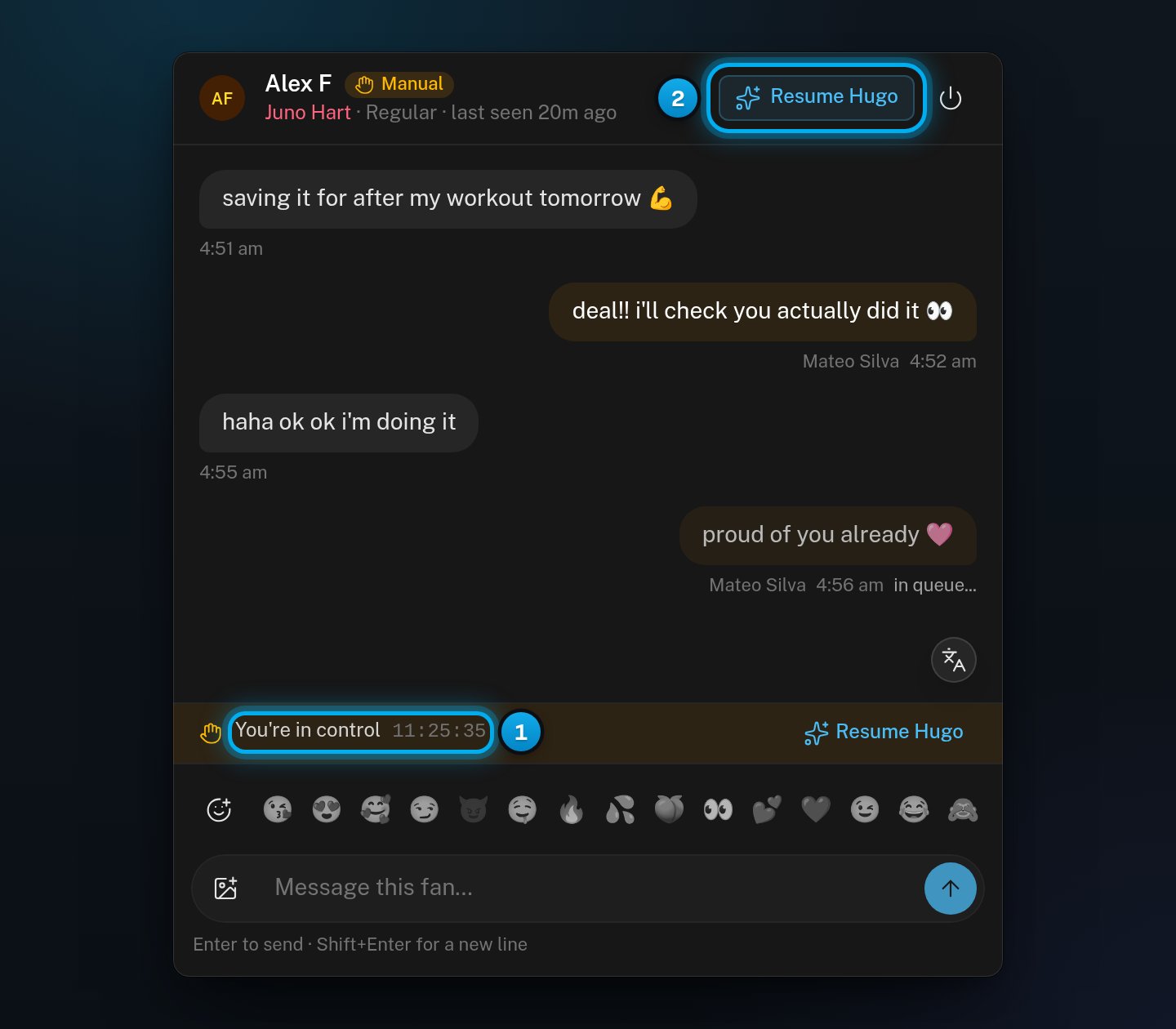 A Manual conversation with the You're in control bar and its countdown, and Resume Hugo at the top of the conversation